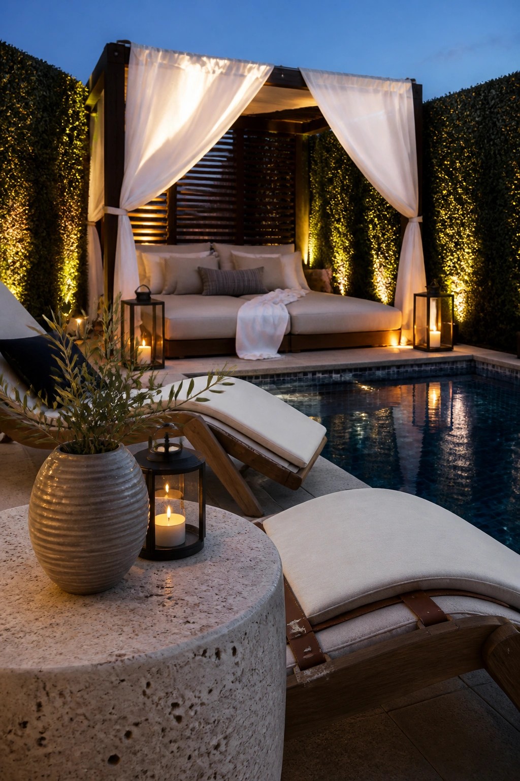 A poolside cabana with white curtains, a daybed, and lounge chairs positioned next to a swimming pool at dusk.