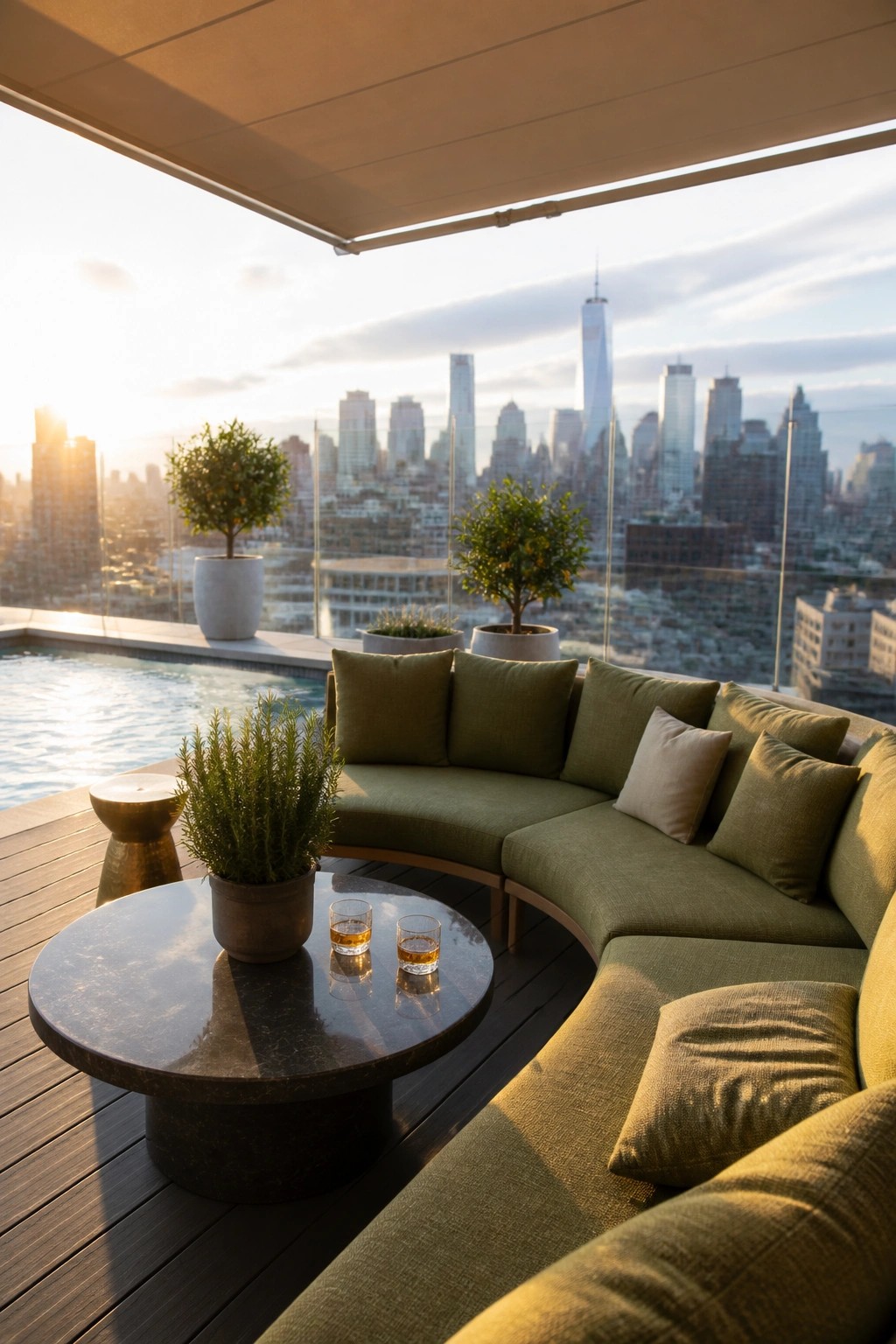 A curved green outdoor sectional sofa sits on a wooden deck beside a swimming pool, with a round dark table holding two glasses and potted plants in front of a city skyline at sunset.