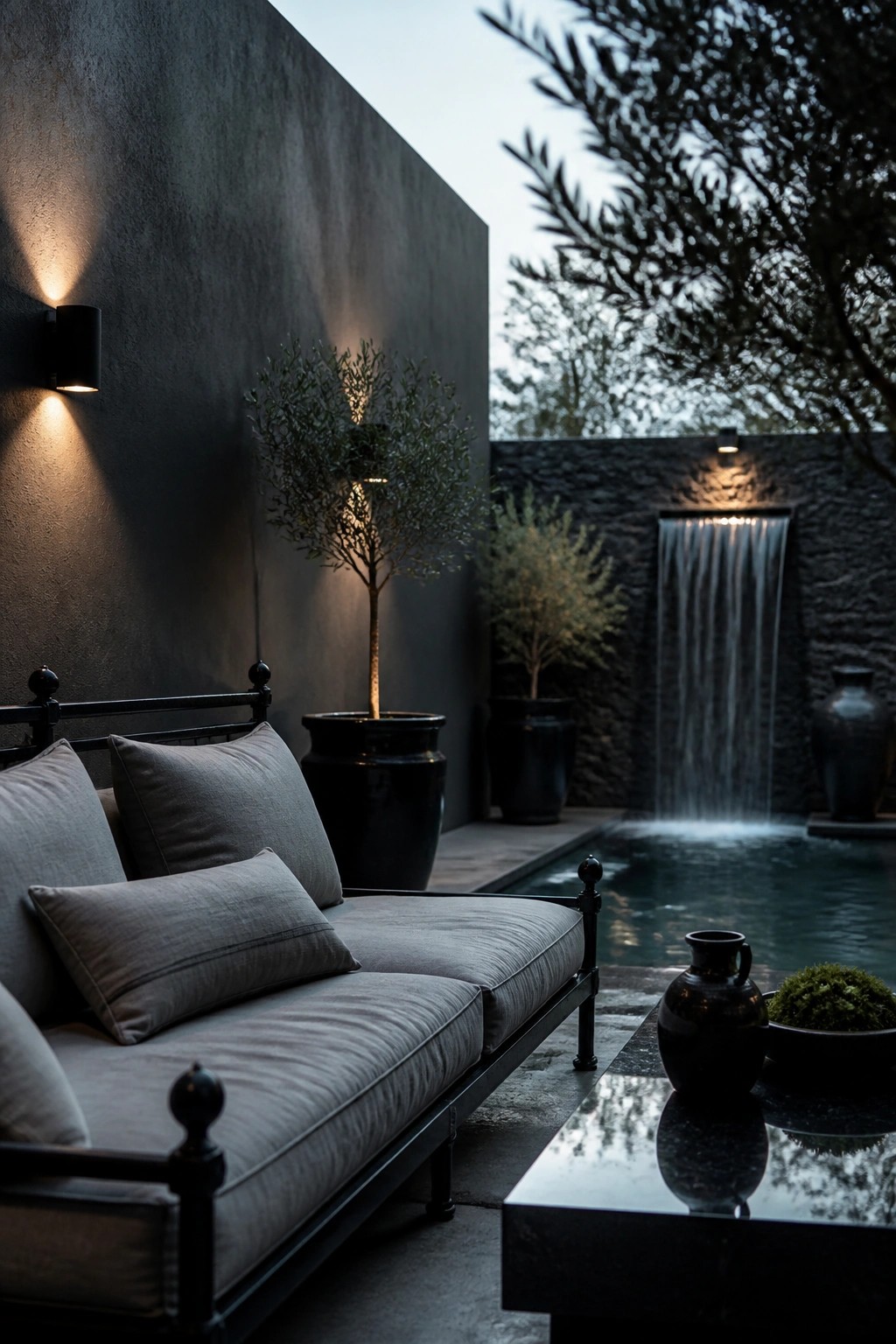 A dark metal-framed outdoor sofa with gray cushions sits on stone paving beside a rectangular pool with a waterfall wall in the background.
