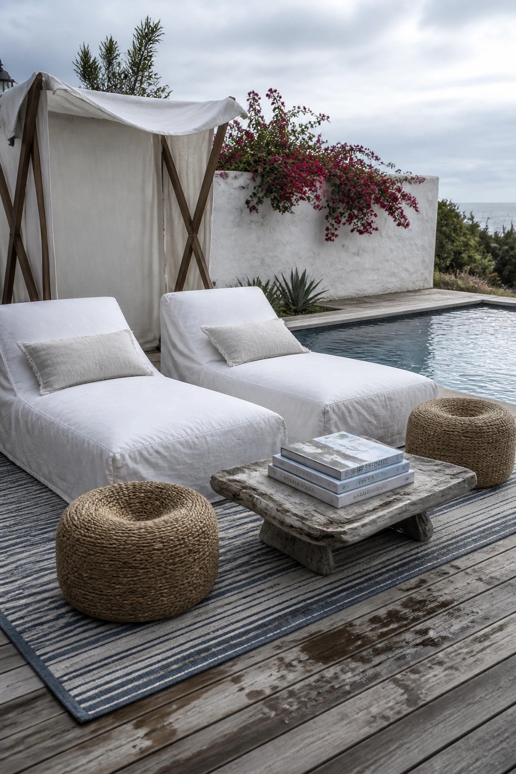 Two white lounge chairs sit on a blue striped rug beside a pool, with a rustic table holding books and two woven stools nearby.