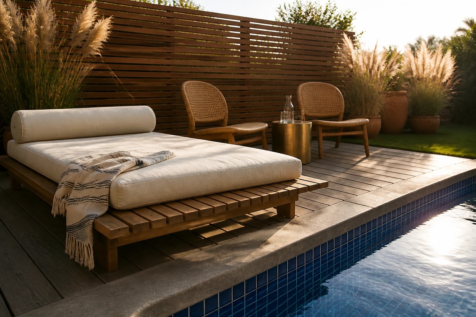 A low wooden daybed with white cushions sits beside a pool, accompanied by two woven chairs and tall pampas grass against a slatted fence.