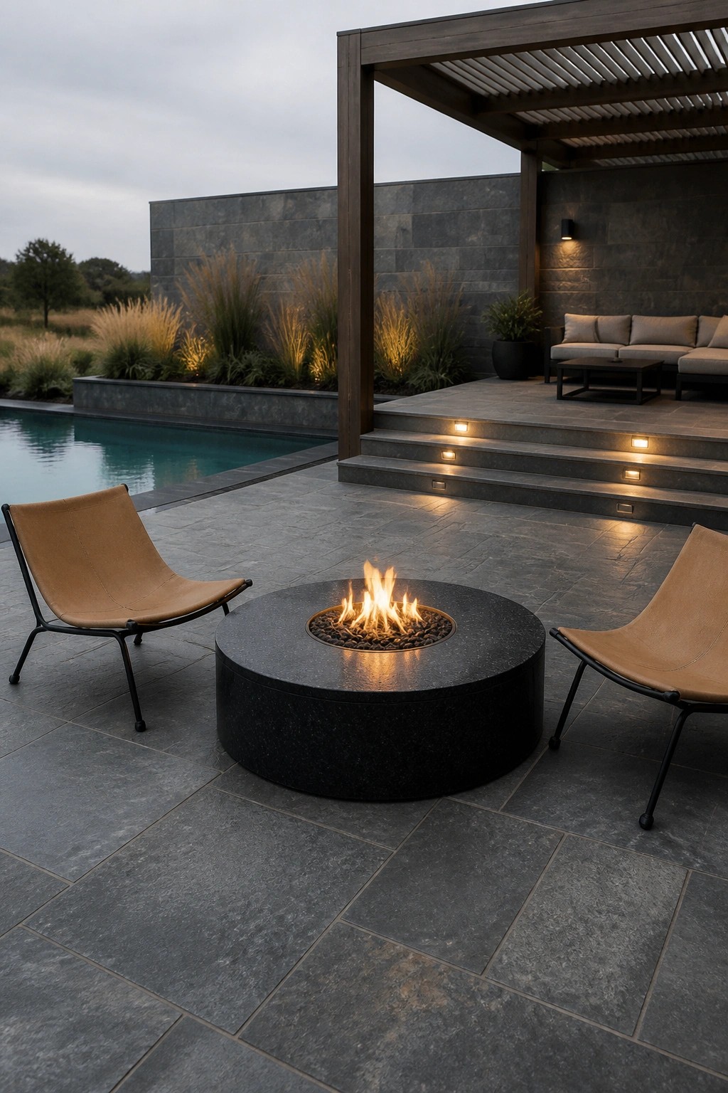 A round black stone fire pit with burning flames sits on a gray stone patio between two brown sling chairs, with a pool on the left and a covered lounge area in the background.