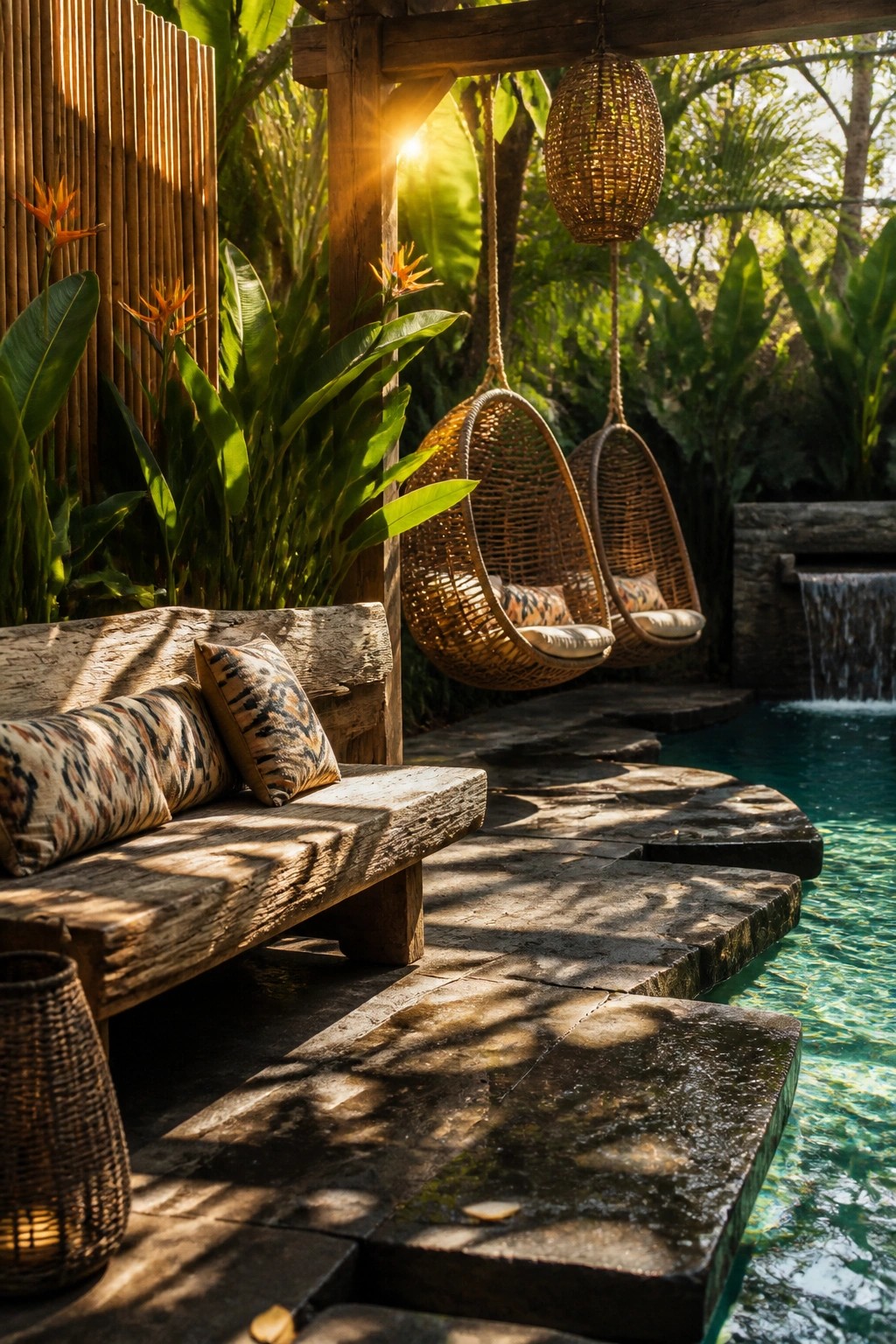 A poolside scene with two hanging wicker chairs suspended from a wooden beam, a rustic wooden bench with cushions, stone pavers, tropical plants, and a small waterfall into the pool.