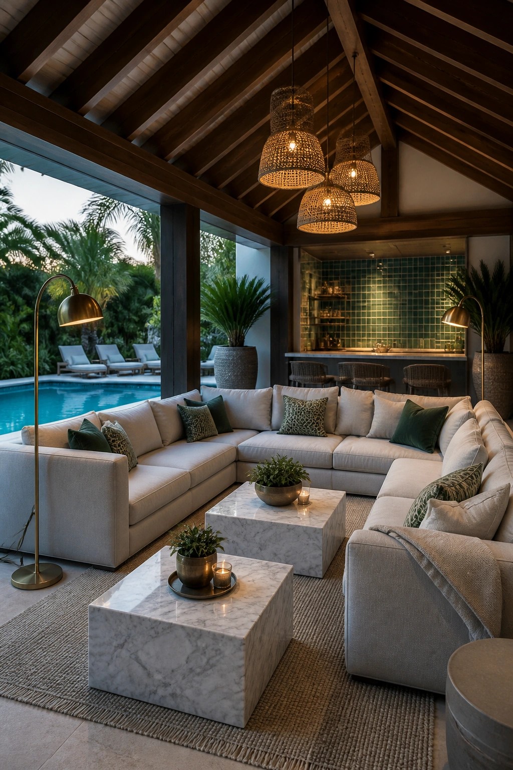 A covered outdoor patio shows a large light gray sectional sofa surrounding two square marble coffee tables on a woven rug, with a swimming pool visible to the left and an outdoor bar area in the background.