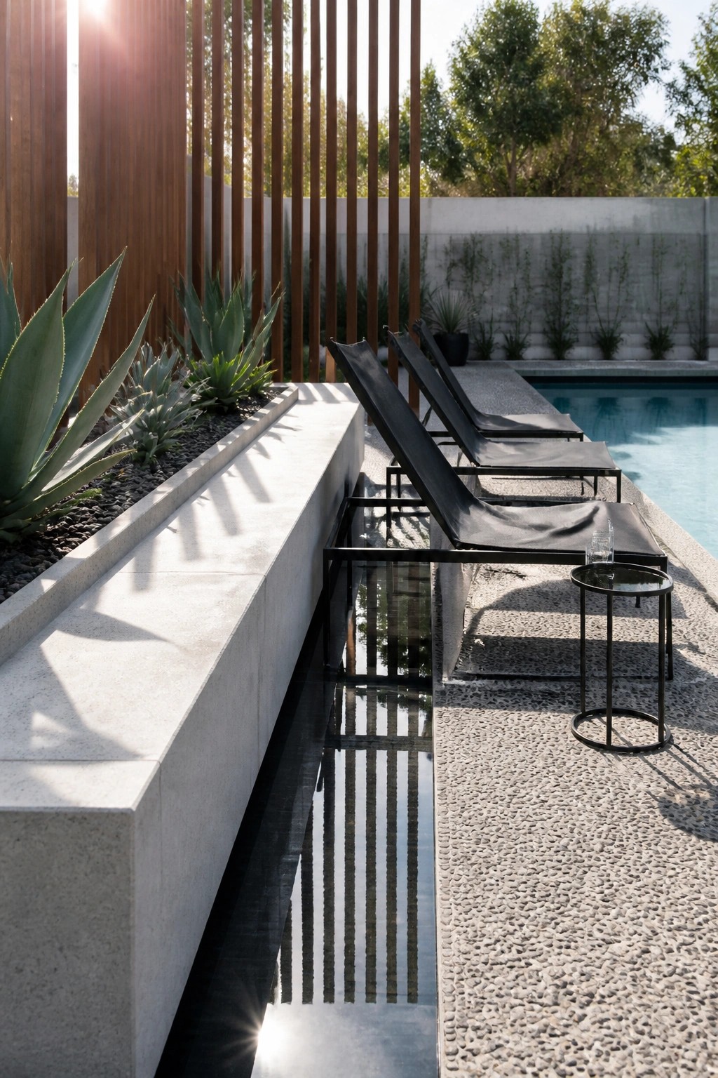 A row of black lounge chairs next to a pool with a narrow reflective water channel and a concrete planter filled with agave plants.