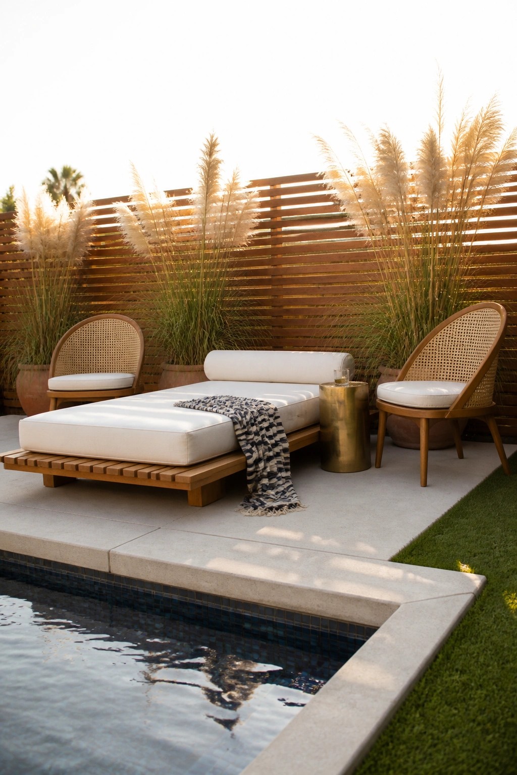 A low wooden daybed with white cushions sits beside a pool, accompanied by two woven chairs and tall pampas grass against a slatted fence.