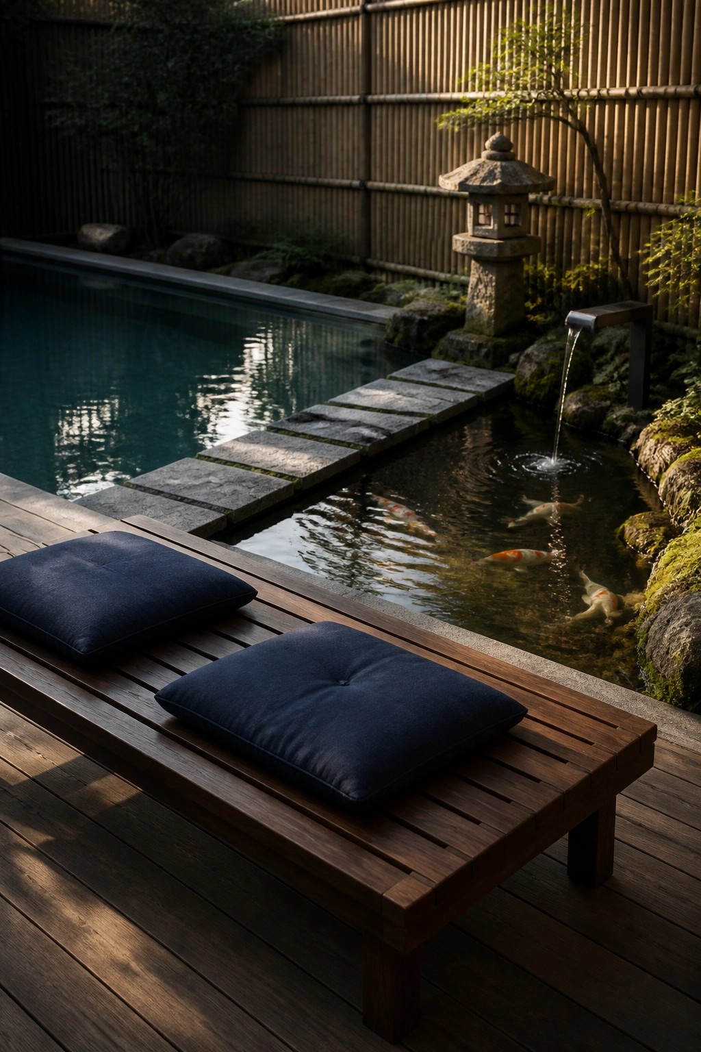 A wooden bench with two dark blue cushions sits on a deck beside a narrow pool with koi fish, stepping stones, and a stone lantern.