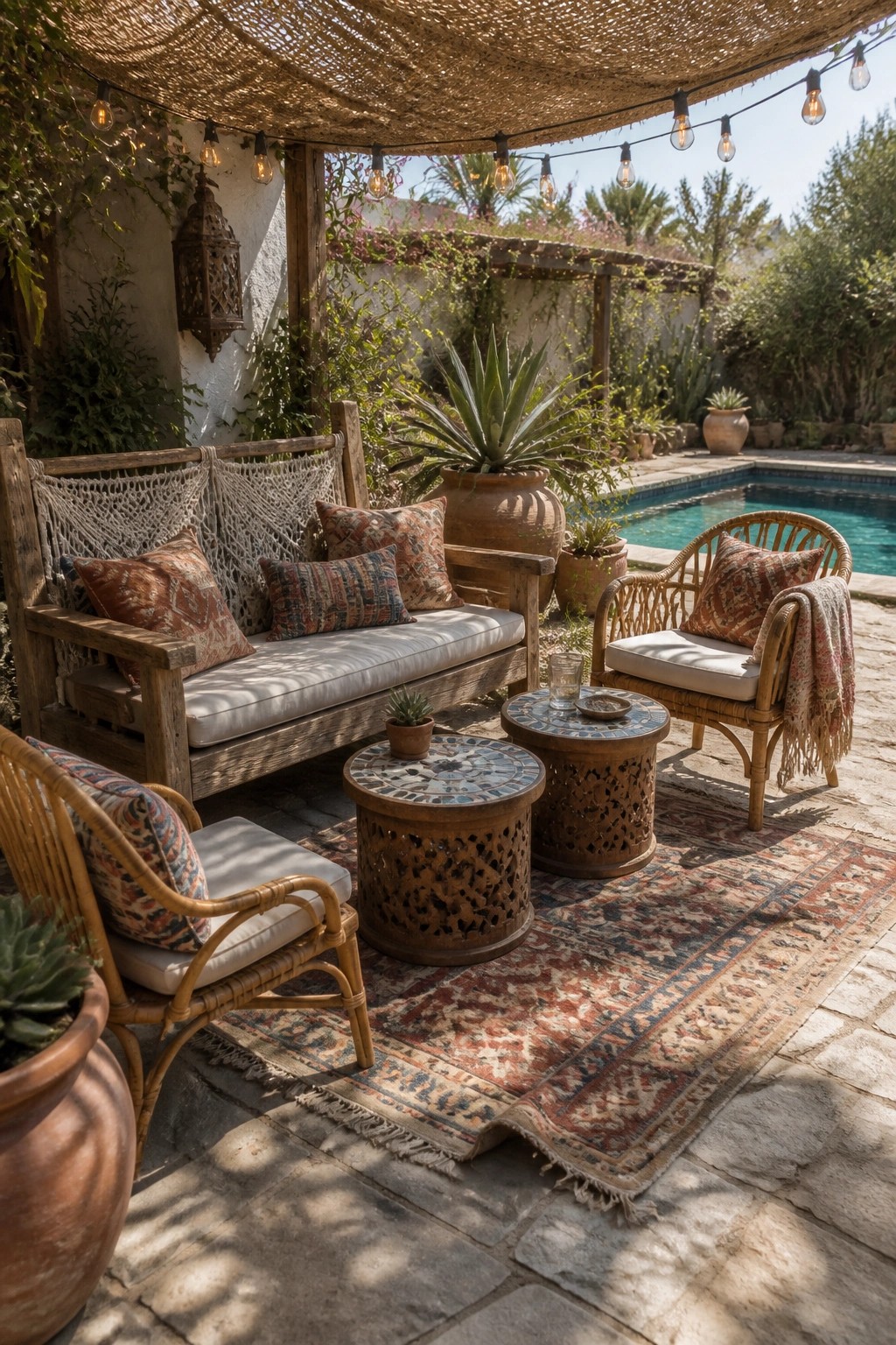 An outdoor poolside patio features a wooden bench with cushions, two wicker chairs, a rattan chair, round mosaic tables, and a large patterned rug under a woven shade canopy with string lights.