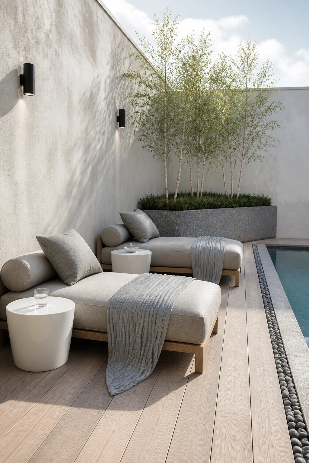 Two light gray upholstered chaise lounges with wood frames sit side by side on a wooden deck next to a pool, each with a round white side table and a gray throw blanket.