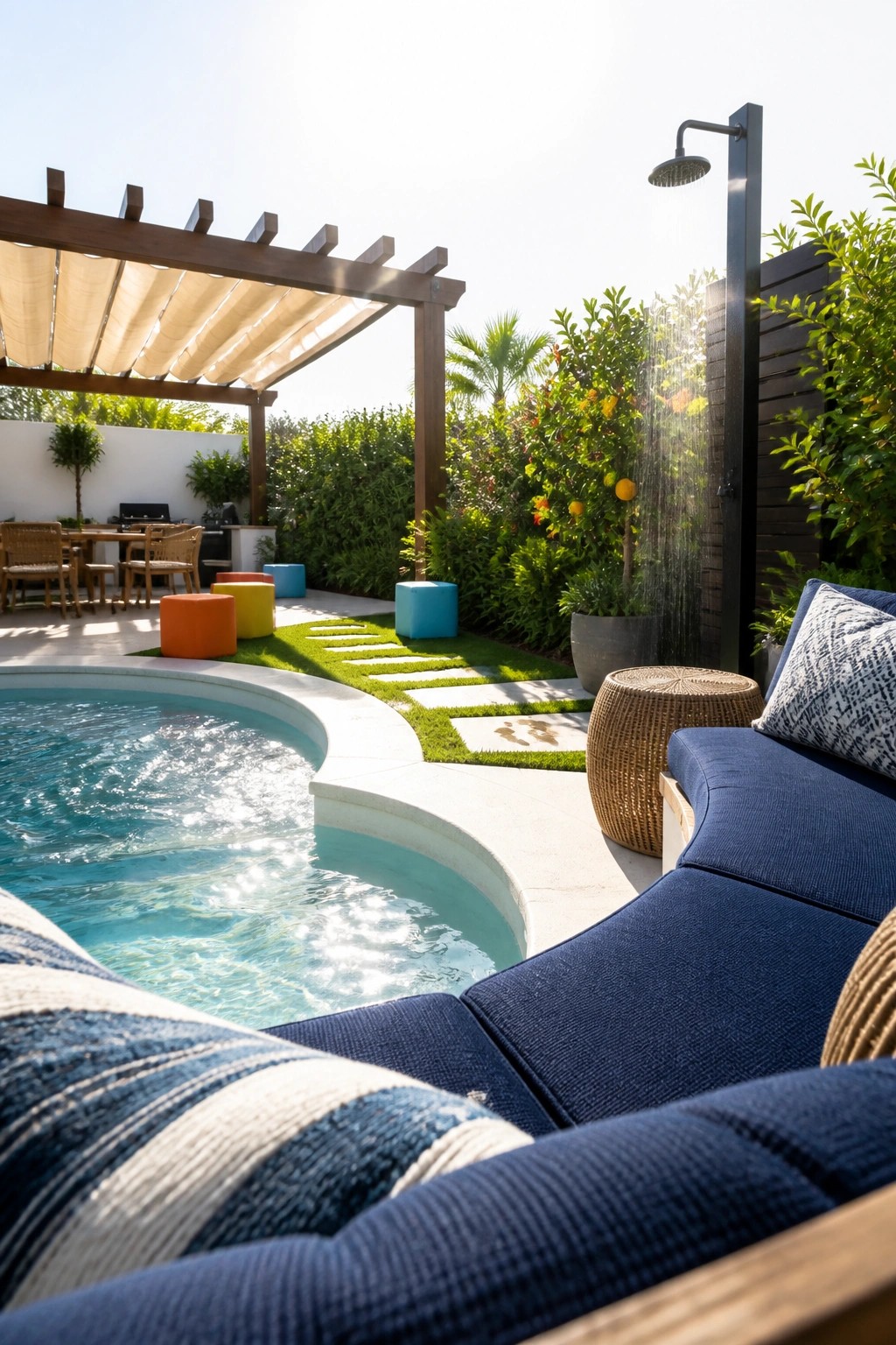A backyard pool area with a curved swimming pool and a large blue upholstered sectional sofa positioned directly beside the water.
