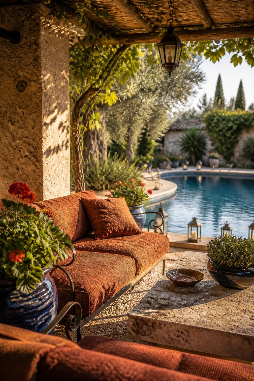A rust-colored sofa with matching pillows sits on a stone patio under a wooden pergola beside a swimming pool.