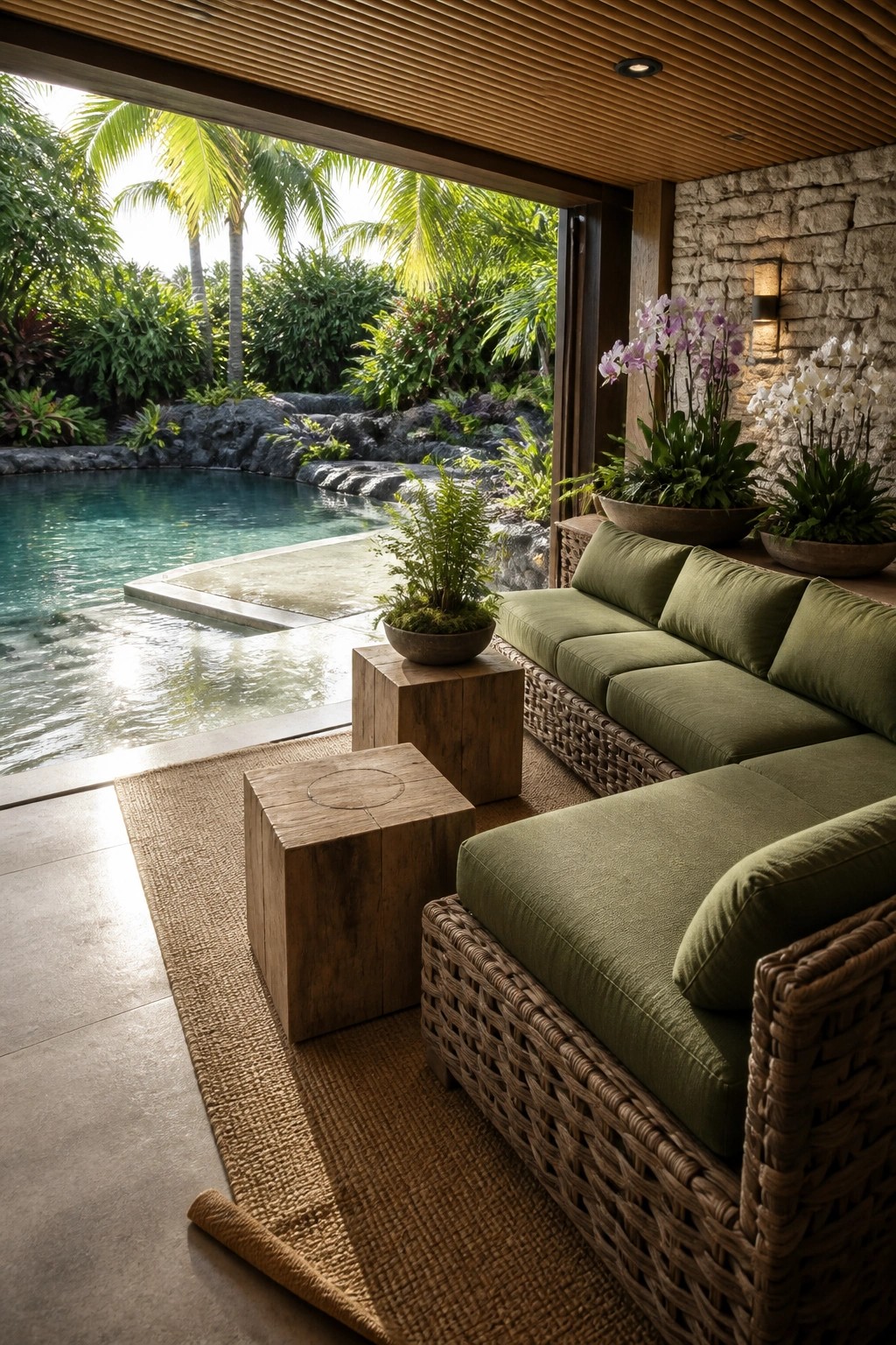 Green sofa on jute rug beside wooden tables overlooking tropical pool with palms