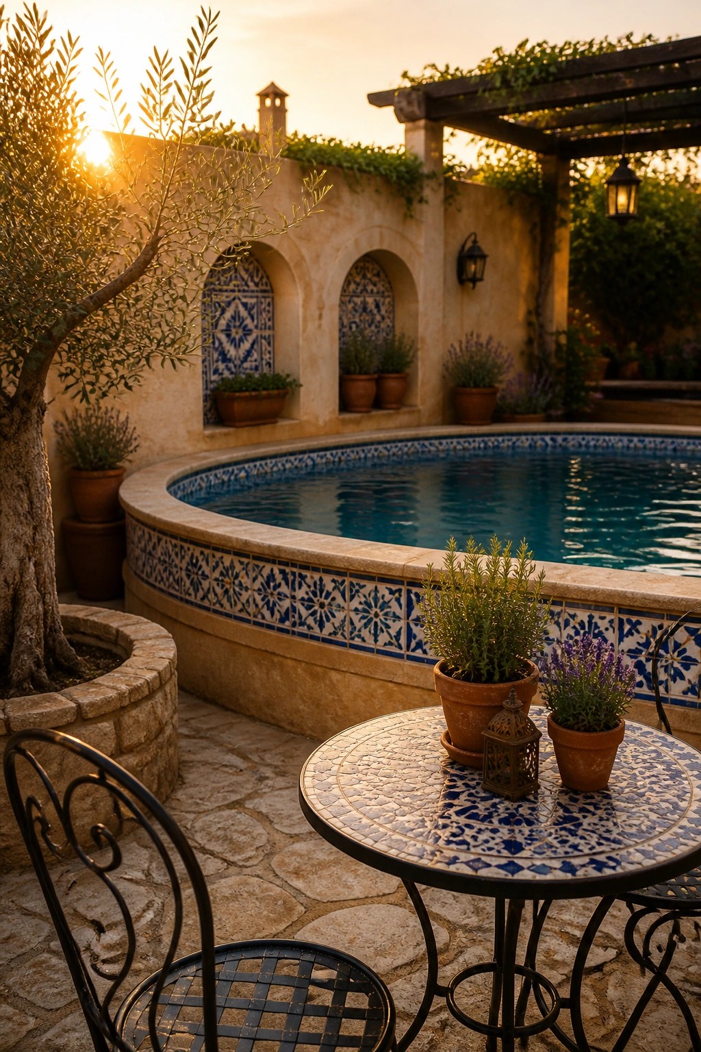 23 Clever Above Ground Pool Patio Ideas That Feel Custom and Well Integrated Round mosaic table with chairs beside a blue-tiled pool at sunset.