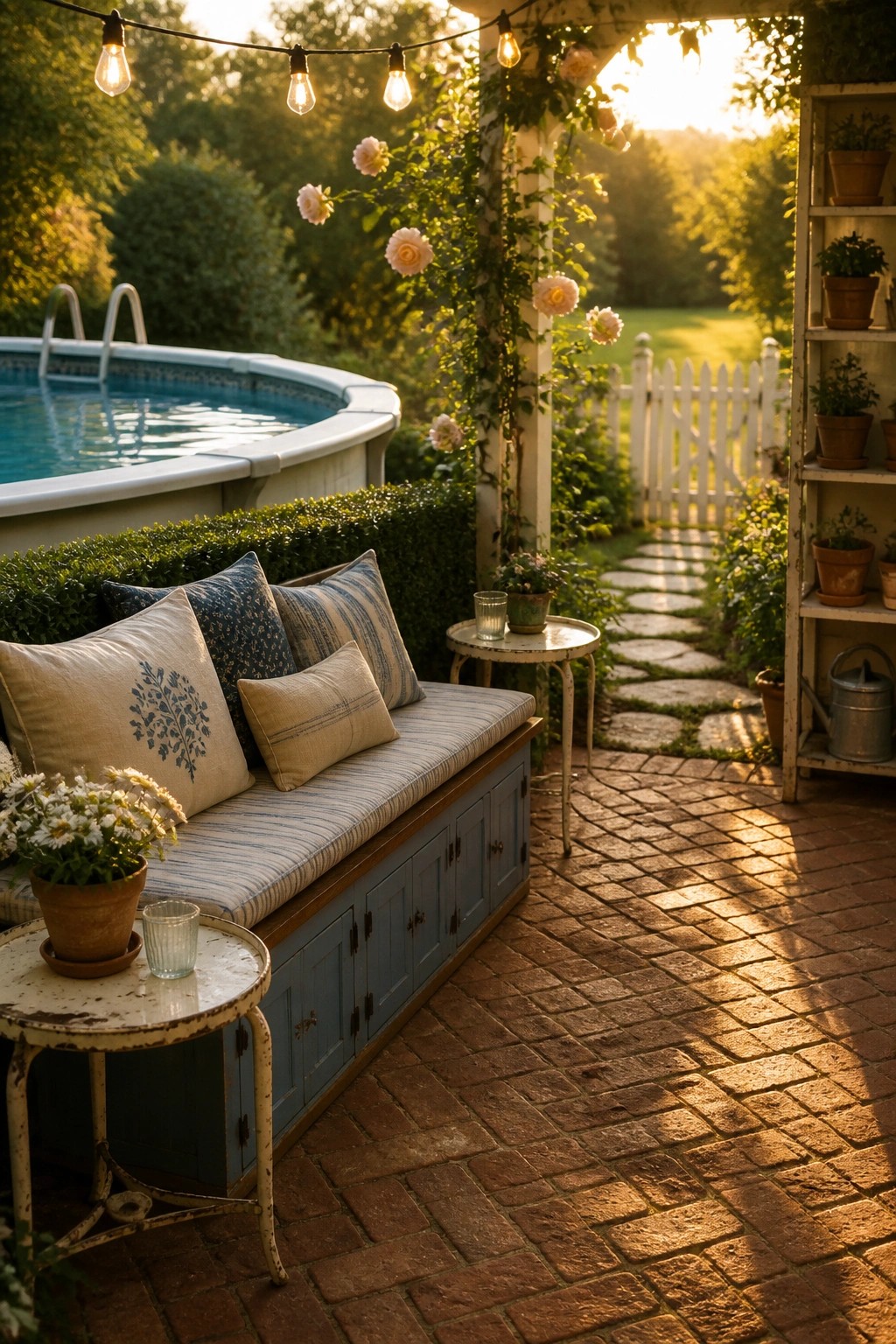 23 Clever Above Ground Pool Patio Ideas That Feel Custom and Well Integrated A blue storage bench with cushions and cabinet doors sits on a brick patio next to an above-ground pool, with potted plants, a small table, and string lights overhead.
