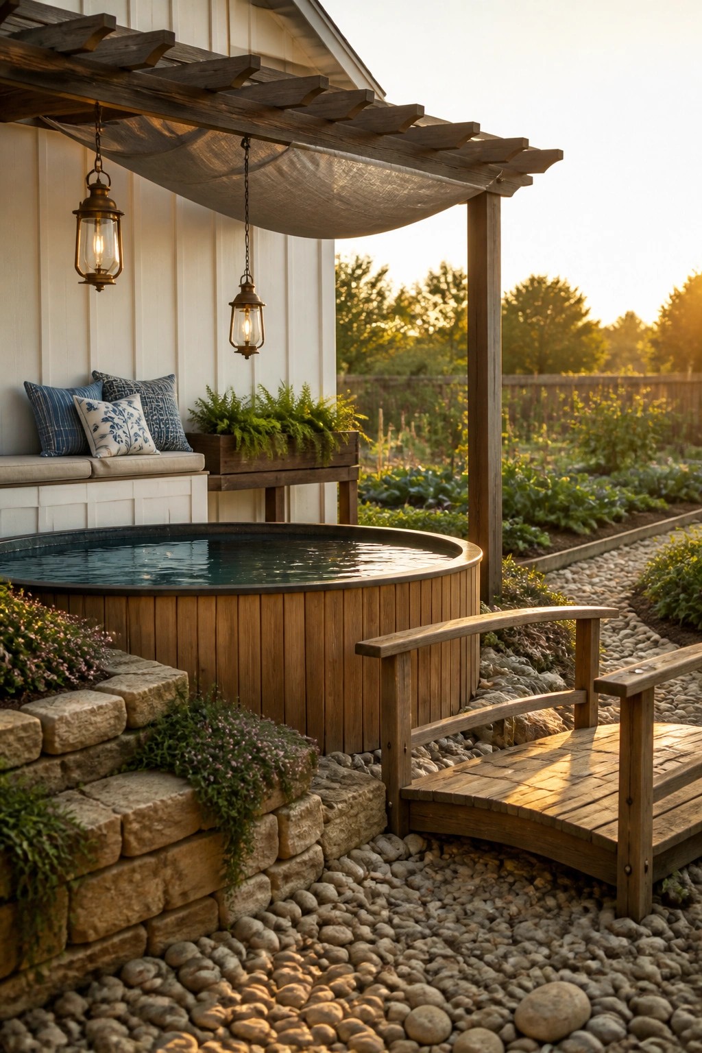 23 Clever Above Ground Pool Patio Ideas That Feel Custom and Well Integrated An above ground wooden hot tub with a curved wooden bridge leading to it on a gravel patio beside a house with a pergola and hanging lanterns.
