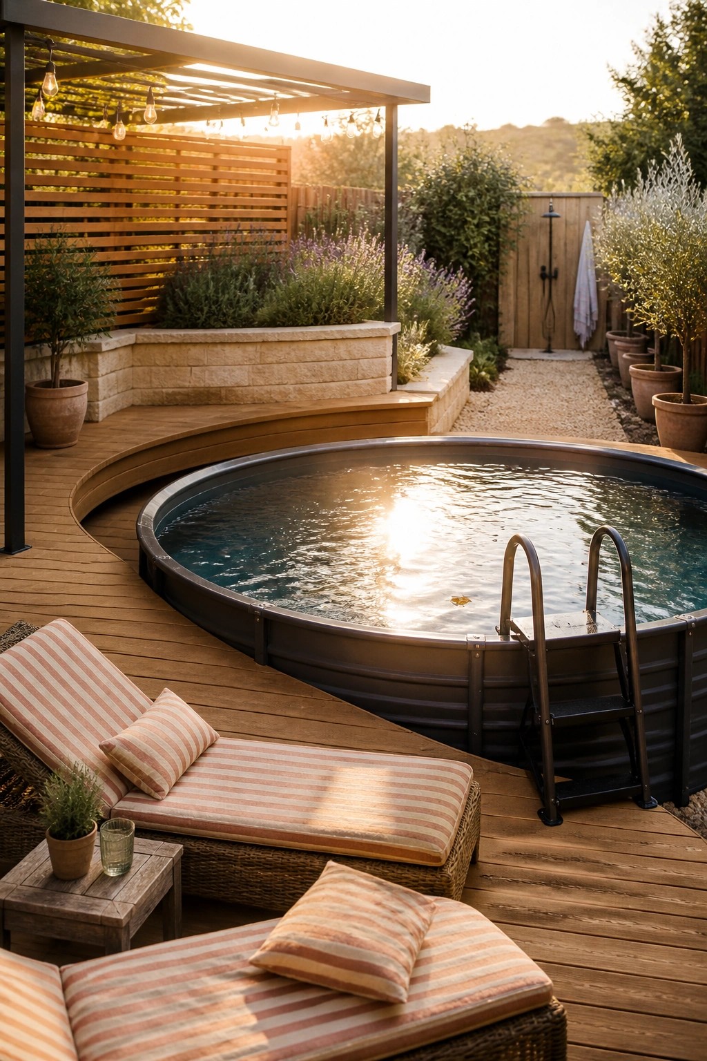 23 Clever Above Ground Pool Patio Ideas That Feel Custom and Well Integrated An above ground pool set into a curved wooden deck with striped lounge chairs, a metal ladder, and a pergola with string lights.