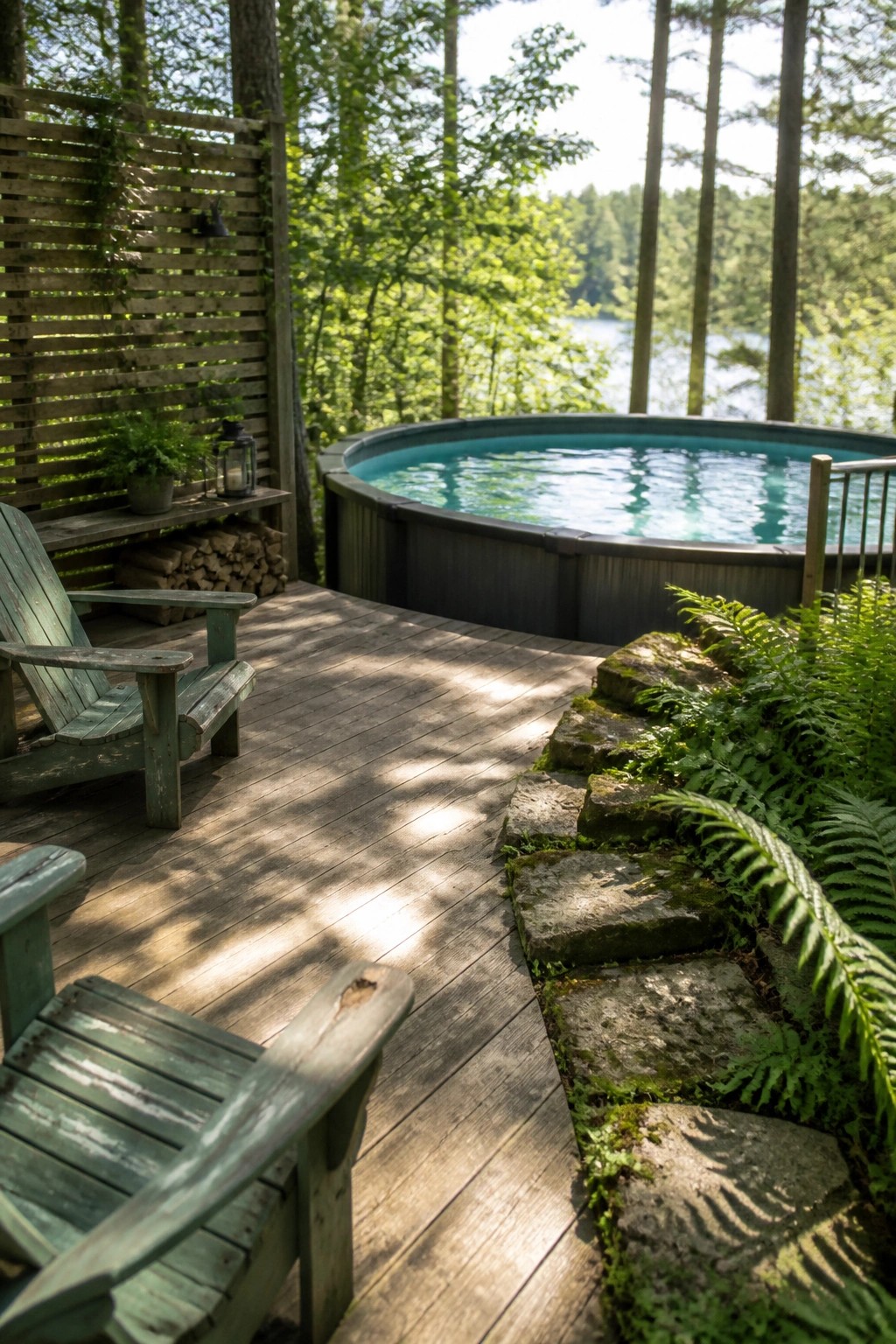 23 Clever Above Ground Pool Patio Ideas That Feel Custom and Well Integrated Wooden deck with two green Adirondack chairs beside a round above-ground pool, stone steps leading into trees.