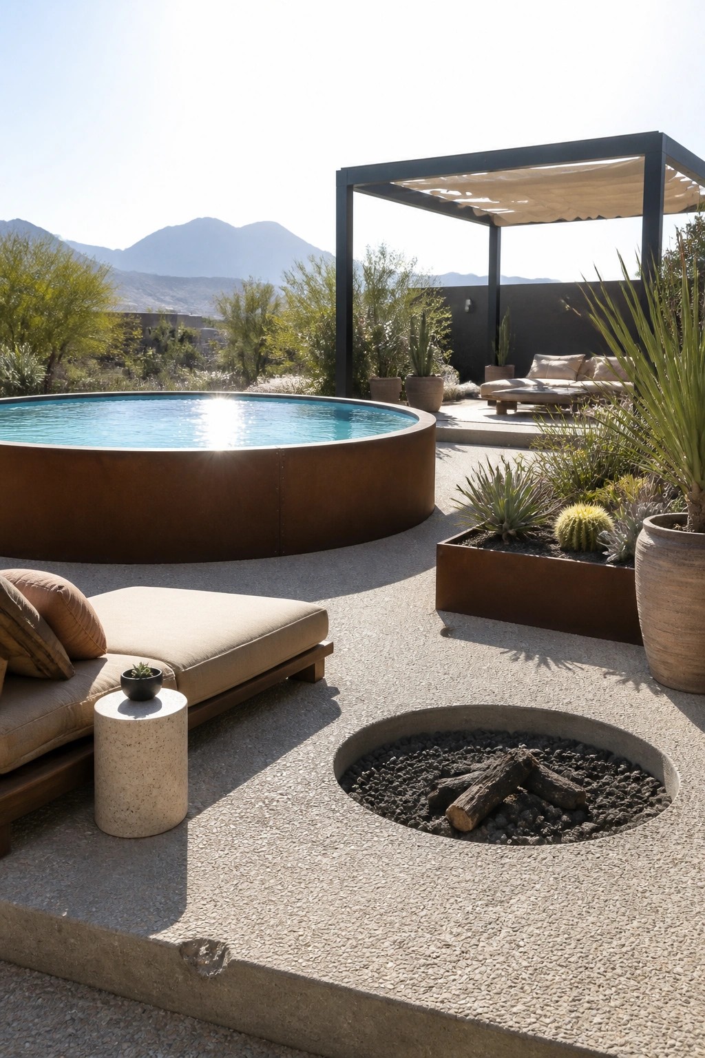 23 Clever Above Ground Pool Patio Ideas That Feel Custom and Well Integrated A round above-ground pool with a metal exterior sits on a concrete patio next to a circular concrete fire pit, with desert plants and a pergola in the background.