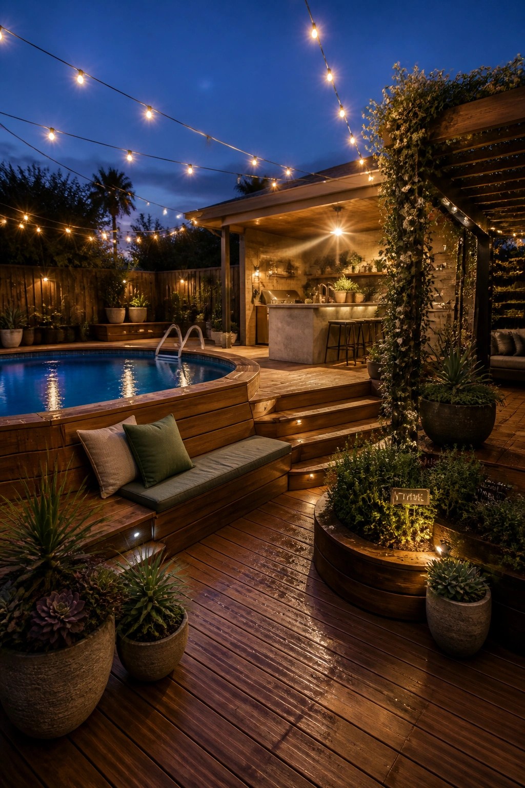 23 Clever Above Ground Pool Patio Ideas That Feel Custom and Well Integrated Nighttime backyard with pool, wooden deck, string lights, and outdoor bar