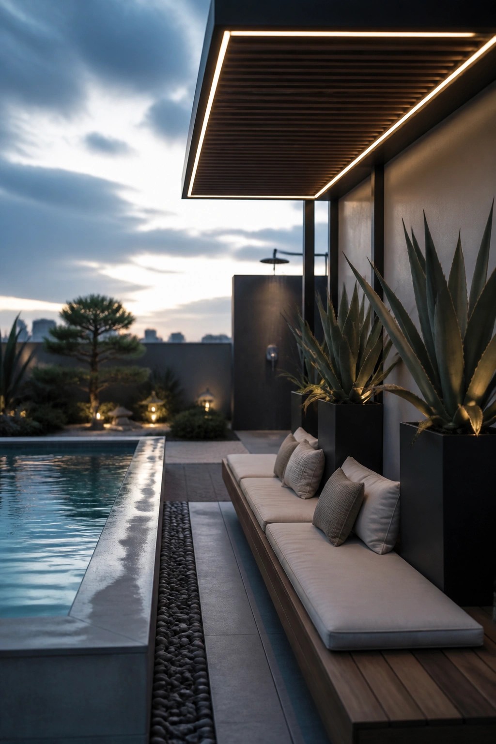 23 Clever Above Ground Pool Patio Ideas That Feel Custom and Well Integrated A narrow rectangular pool with a long wooden bench and beige cushions beside it, flanked by tall potted agave plants on a modern patio at dusk.