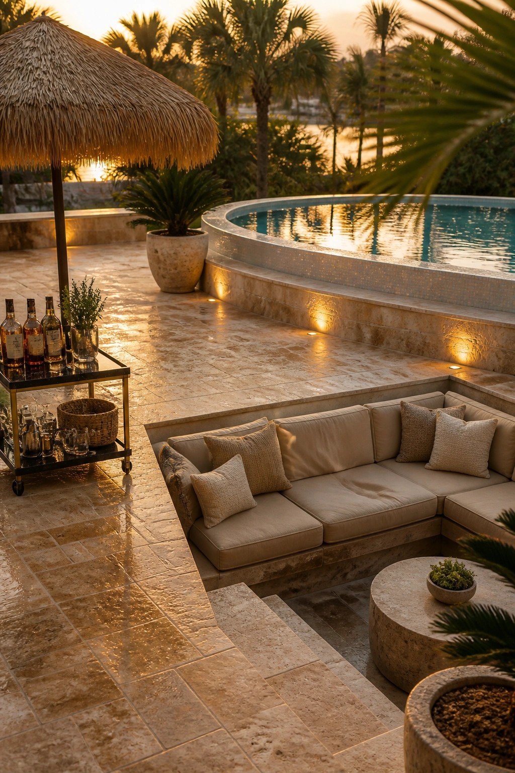 23 Clever Above Ground Pool Patio Ideas That Feel Custom and Well Integrated An outdoor patio at sunset with a round above-ground pool, built-in cushioned sectional seating along the edge, a bar cart, and a thatched umbrella.