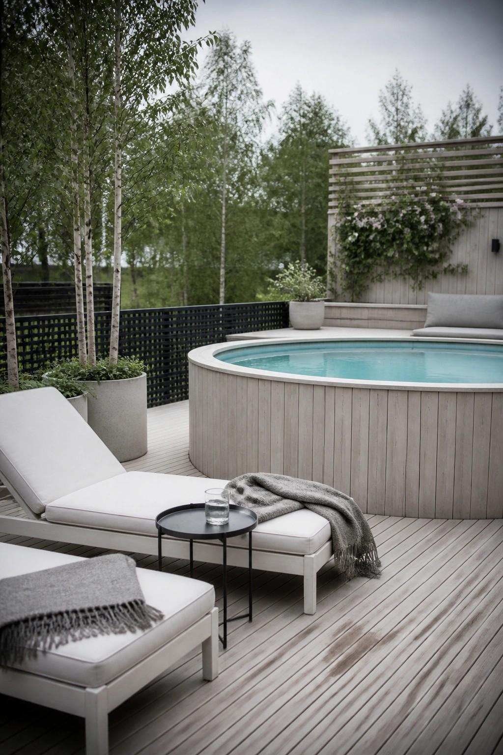 23 Clever Above Ground Pool Patio Ideas That Feel Custom and Well Integrated Modern wooden deck with circular hot tub, white lounge chairs, and trees