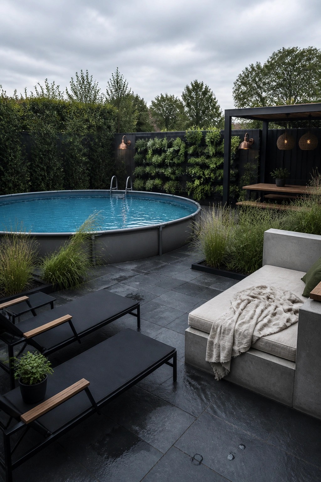 23 Clever Above Ground Pool Patio Ideas That Feel Custom and Well Integrated A round above ground pool with gray sides sits on dark tiled paving next to black lounge chairs, a concrete daybed, and a vertical garden wall on a dark fence.