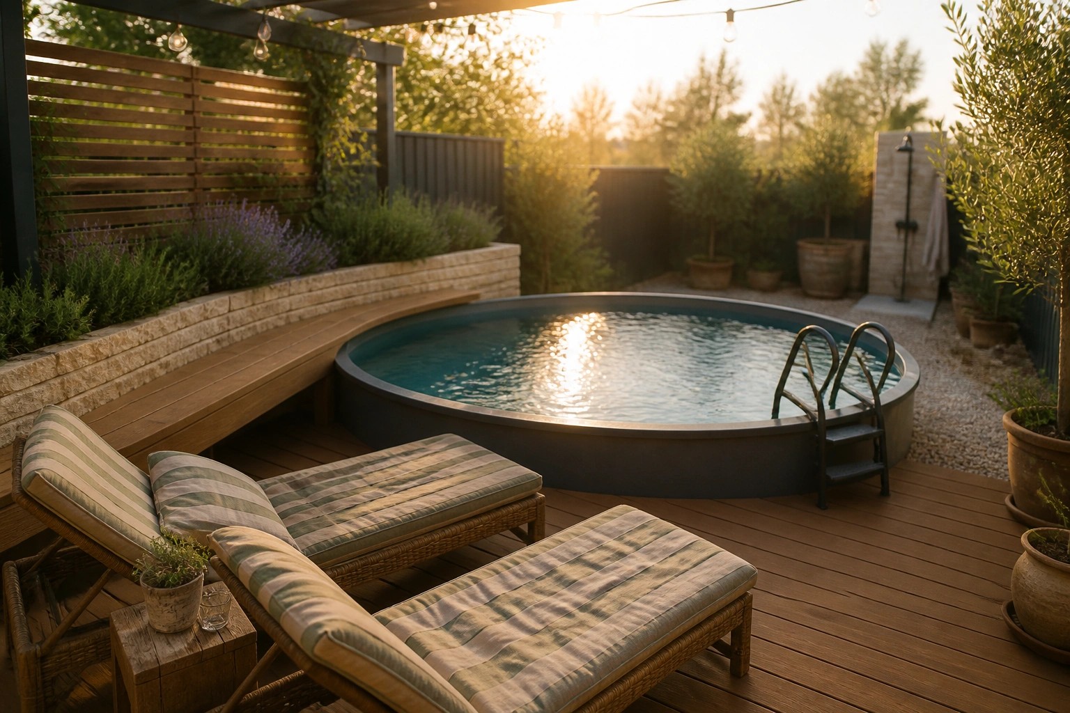 An above ground pool set into a curved wooden deck with striped lounge chairs, a metal ladder, and a pergola with string lights.