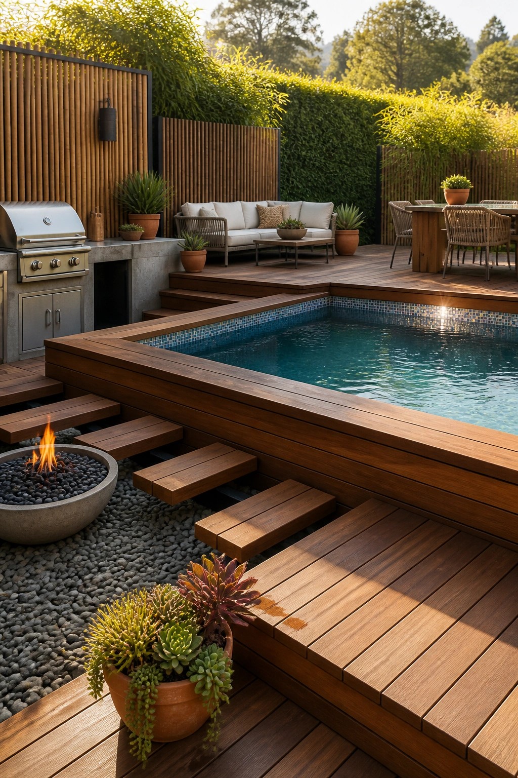 23 Clever Above Ground Pool Patio Ideas That Feel Custom and Well Integrated An above-ground pool framed by multi-level wooden decking with steps, a gravel fire pit area, outdoor lounge seating, and a built-in grill zone.