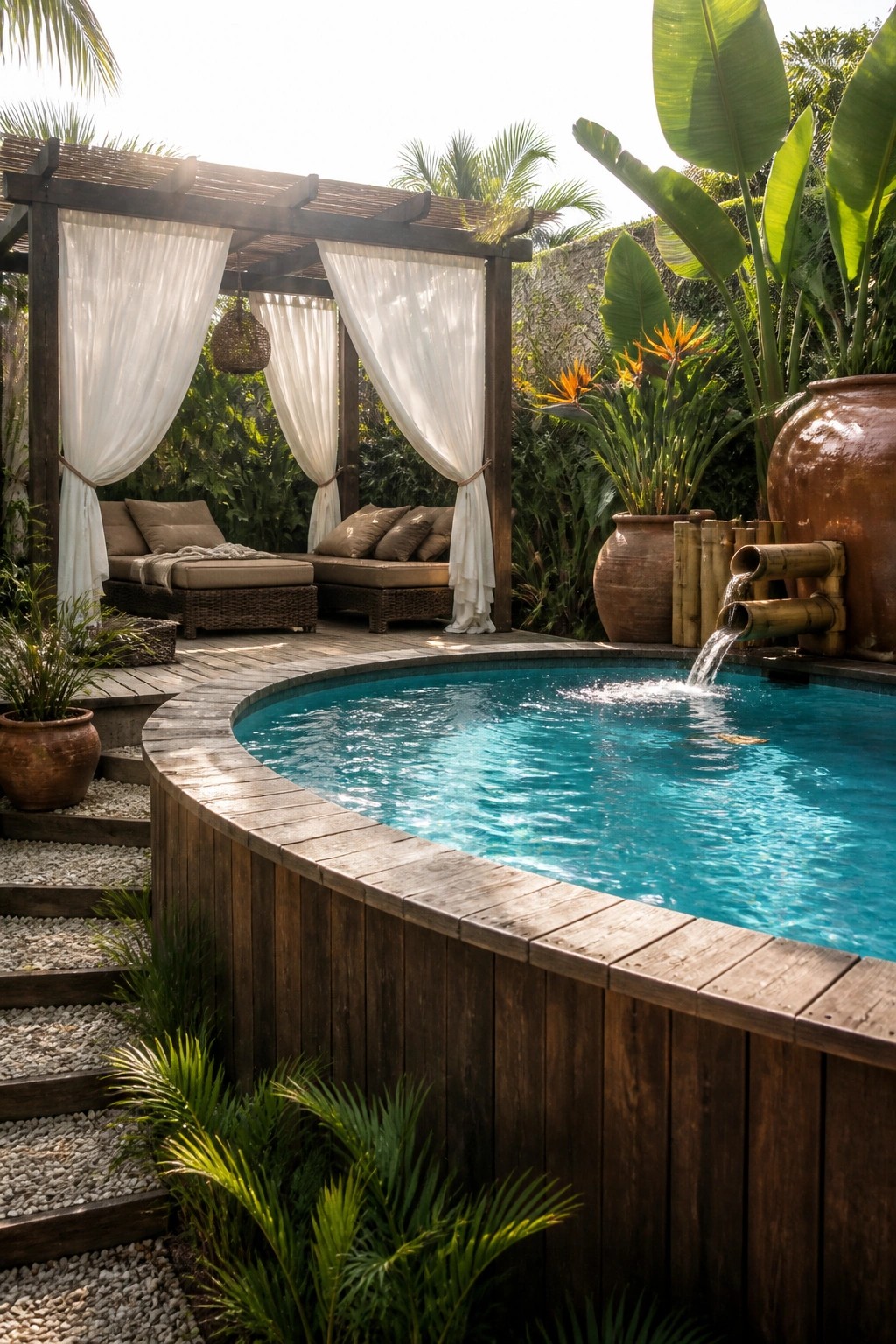 23 Clever Above Ground Pool Patio Ideas That Feel Custom and Well Integrated An above-ground pool with a curved wooden surround is set into a wooden deck with a pergola, lounge seating, and a bamboo water feature.