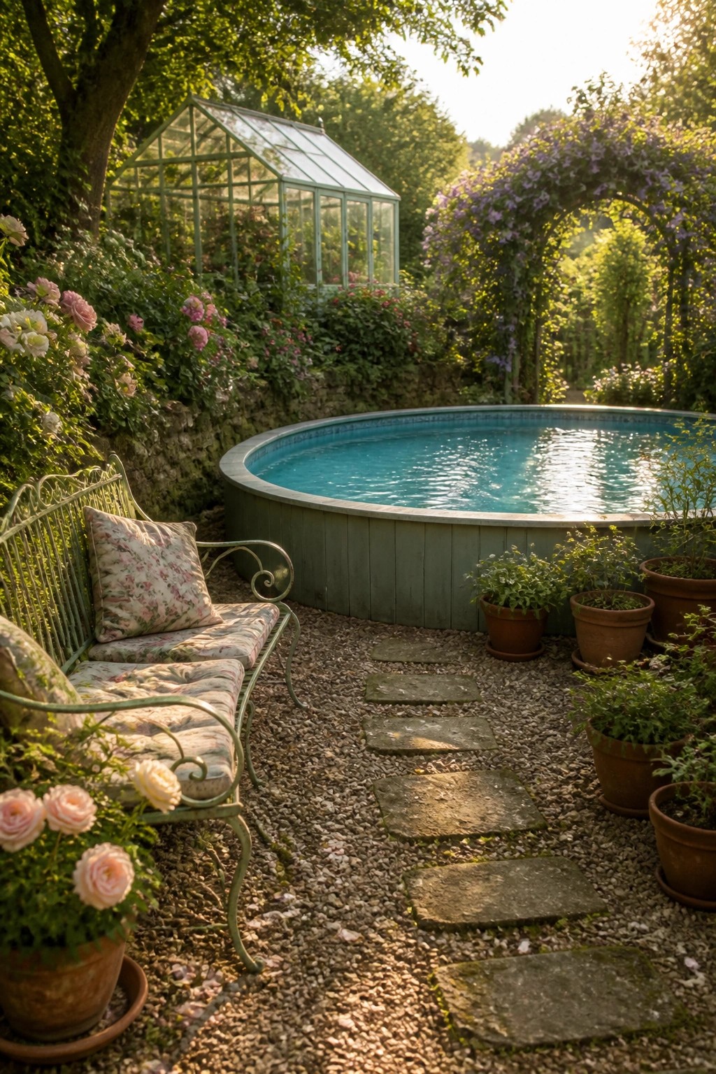 23 Clever Above Ground Pool Patio Ideas That Feel Custom and Well Integrated An above ground pool with a gravel surface and stone stepping stones leading to it, a metal bench with cushions nearby, and potted plants along the edge.