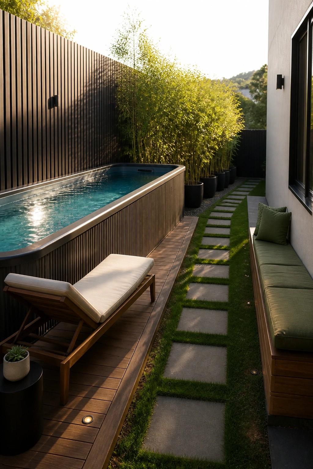 23 Clever Above Ground Pool Patio Ideas That Feel Custom and Well Integrated An above-ground rectangular pool clad in vertical wood sits on a matching deck with a lounge chair and a stone path leading past green built-in seating.