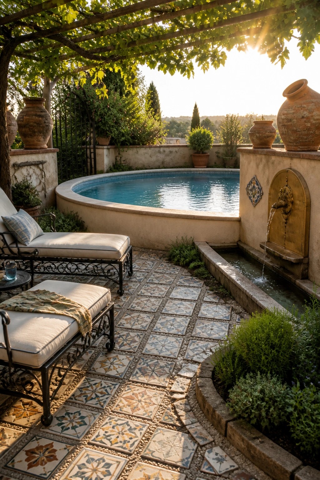 23 Clever Above Ground Pool Patio Ideas That Feel Custom and Well Integrated Patio with round pool, mosaic tiles, stone fountain, lounge chairs, and terracotta pots.