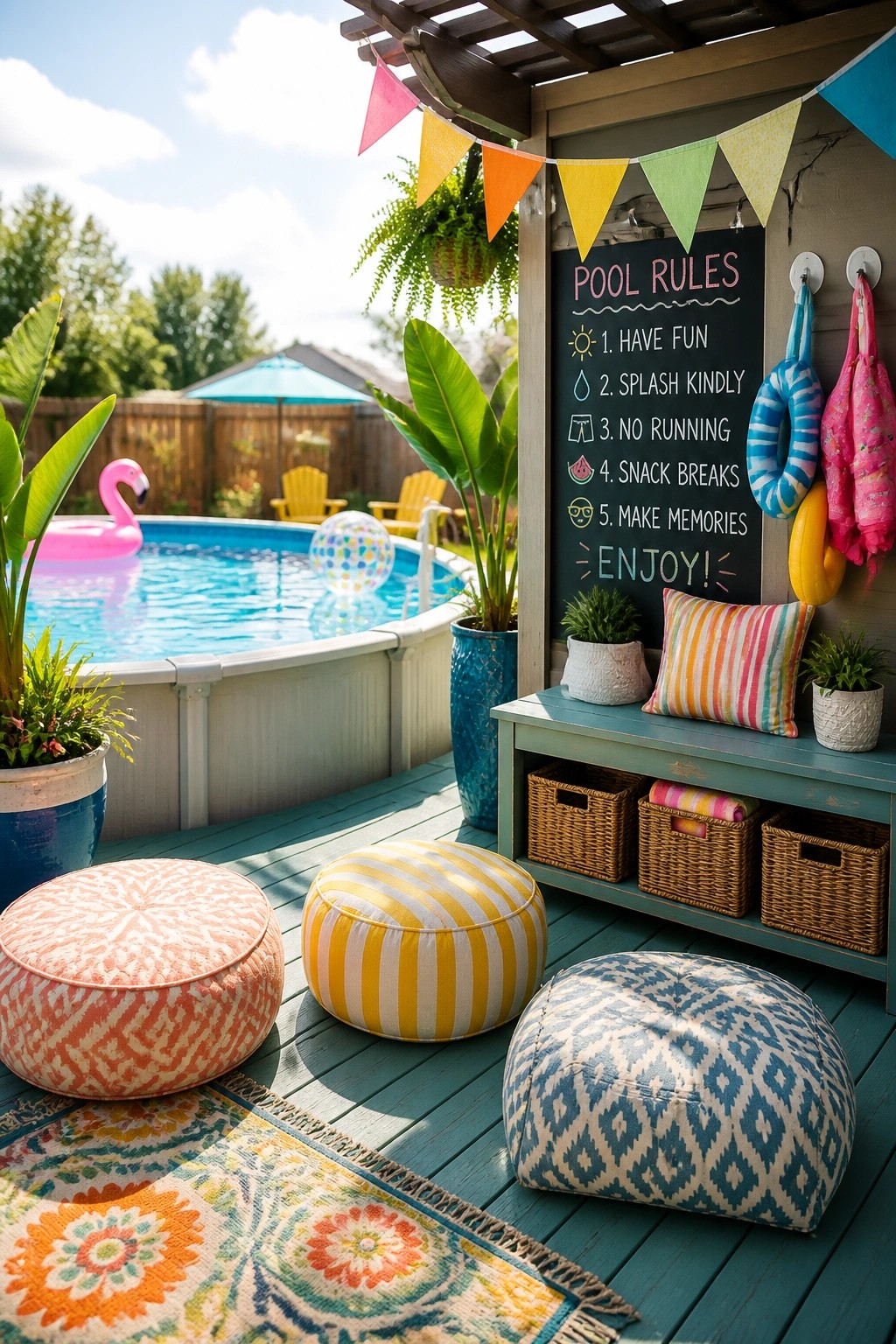 23 Clever Above Ground Pool Patio Ideas That Feel Custom and Well Integrated An above-ground pool deck features a teal storage bench with baskets, colorful poufs on the wooden floor, and a chalkboard listing pool rules.
