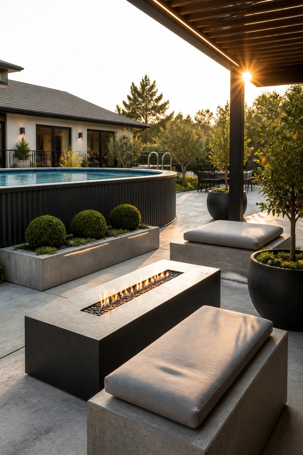 23 Clever Above Ground Pool Patio Ideas That Feel Custom and Well Integrated Modern patio with linear fire pit, concrete benches, pool, and sunset lighting