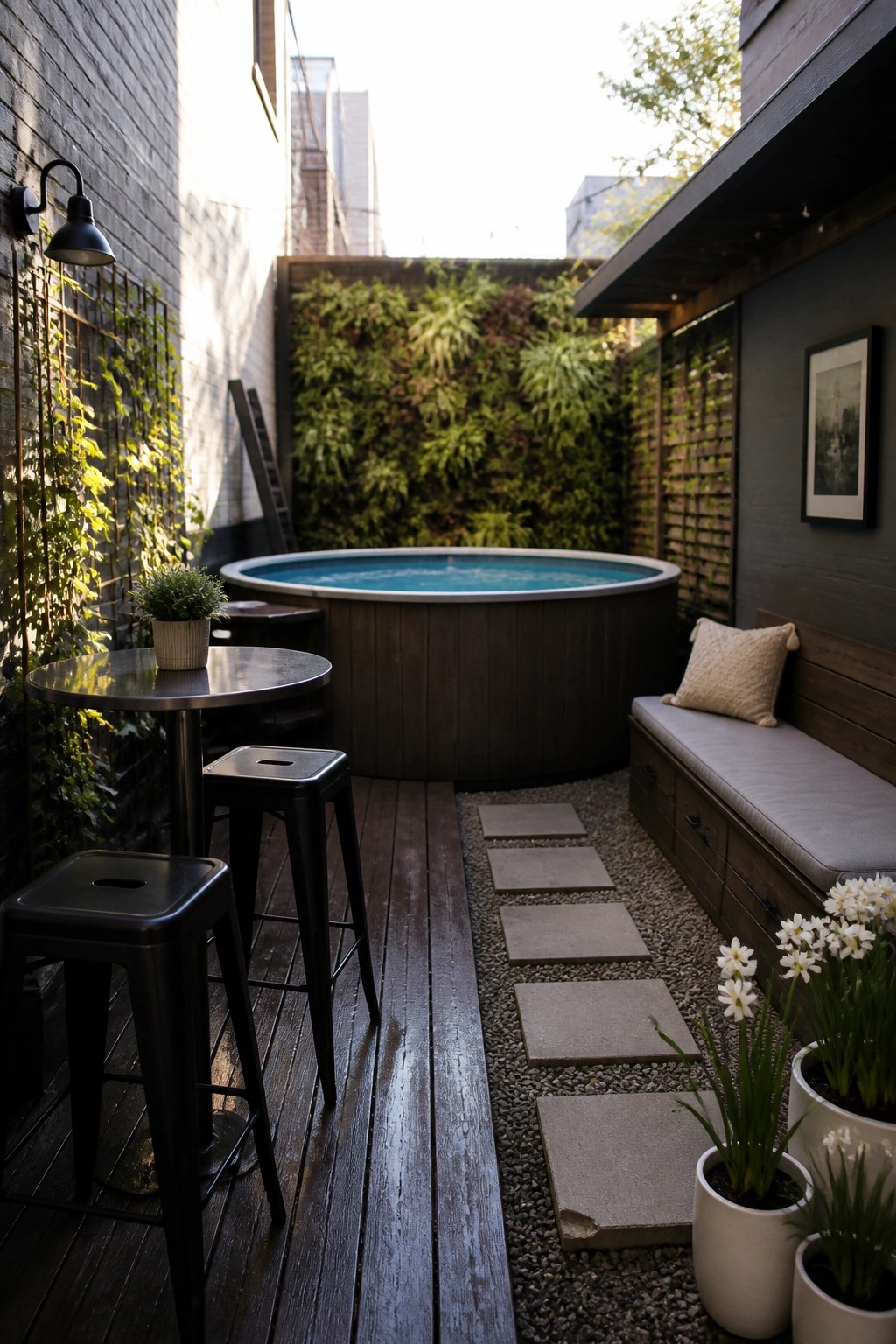 23 Clever Above Ground Pool Patio Ideas That Feel Custom and Well Integrated Outdoor patio with round hot tub, wooden deck, stools, bench, and green wall