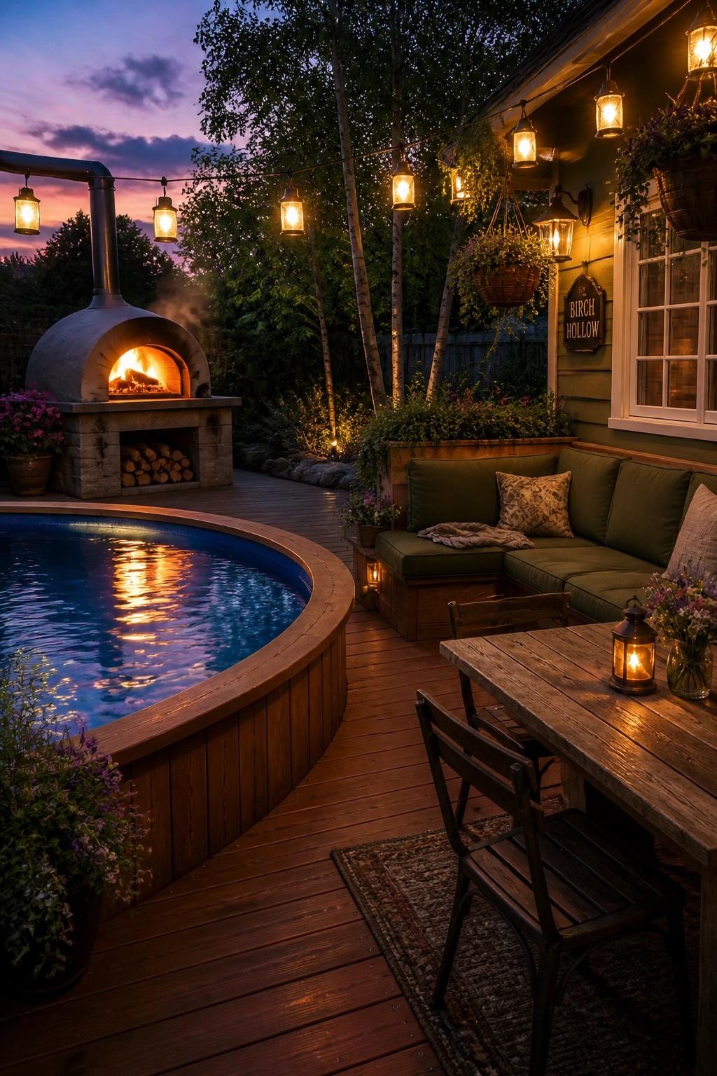 23 Clever Above Ground Pool Patio Ideas That Feel Custom and Well Integrated Cozy deck at dusk with circular pool, lit pizza oven, and string lights