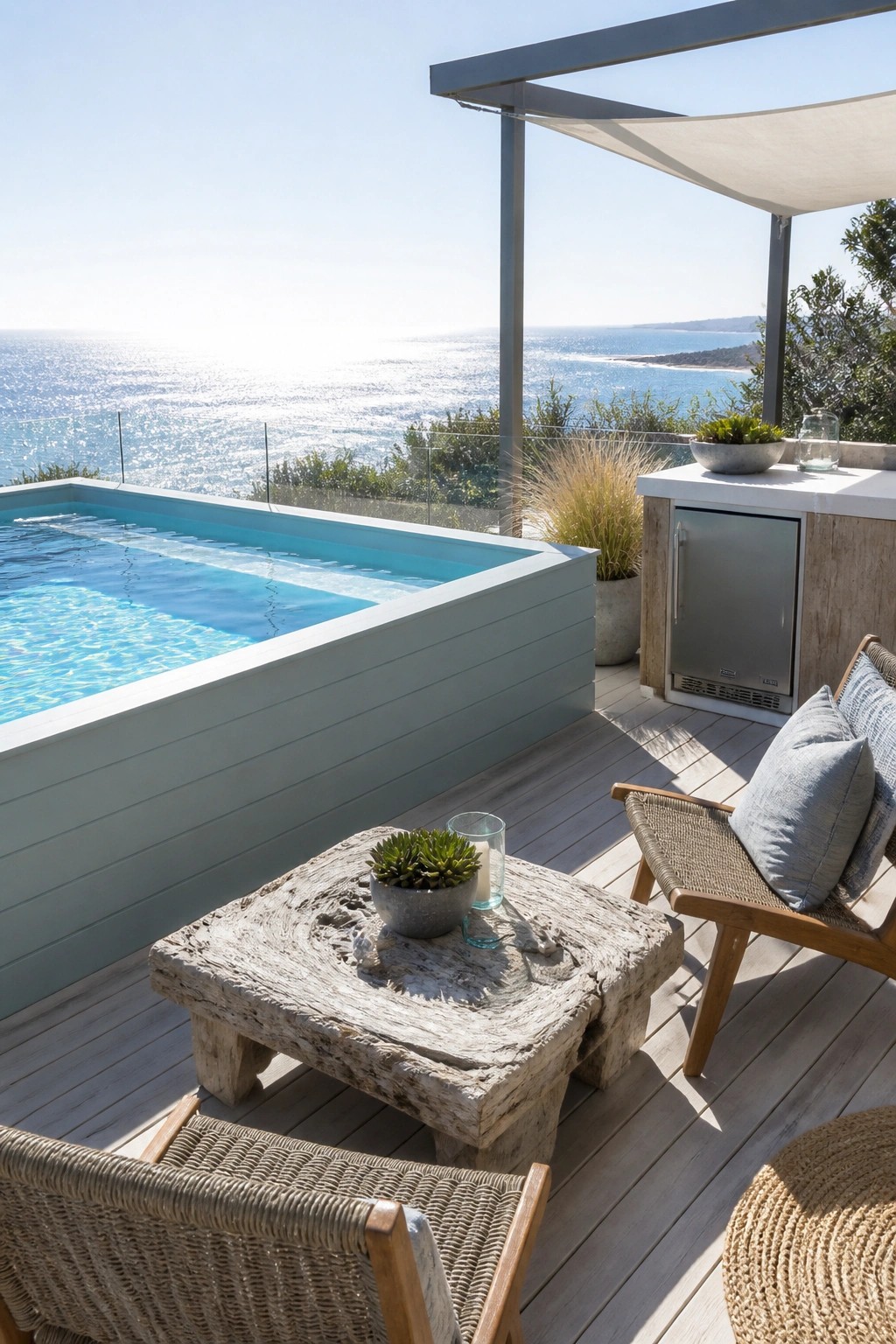 23 Clever Above Ground Pool Patio Ideas That Feel Custom and Well Integrated An above-ground pool with light blue horizontal siding is set into a light wood deck beside an outdoor bar and woven lounge chairs overlooking the ocean.
