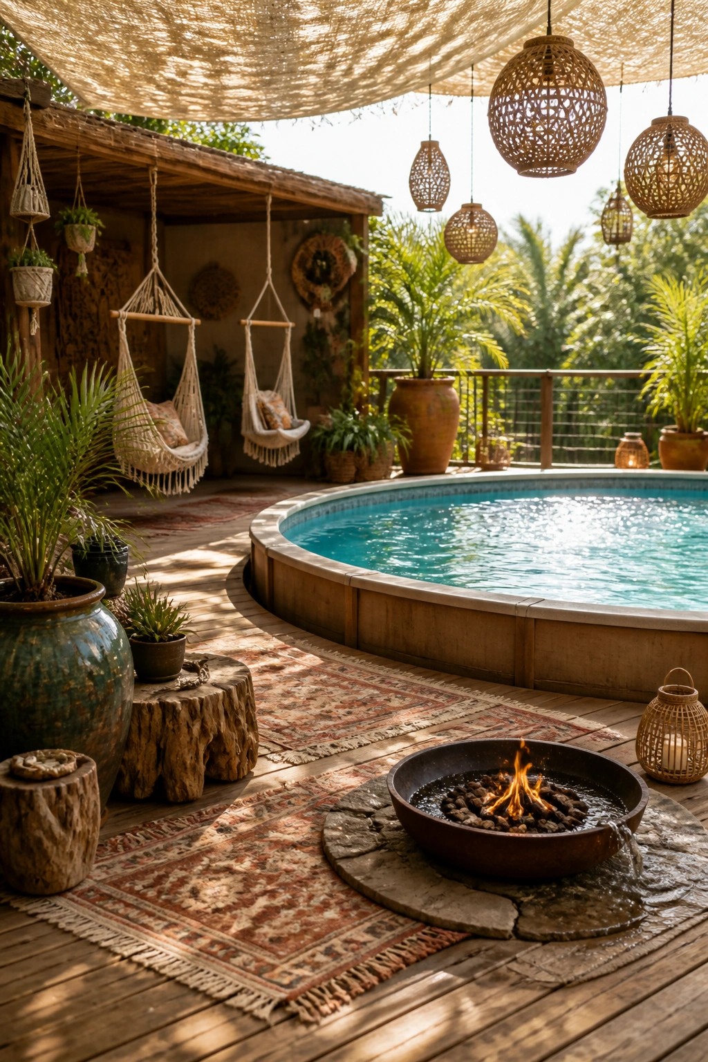 23 Clever Above Ground Pool Patio Ideas That Feel Custom and Well Integrated Bohemian deck with round pool, fire pit, hammocks, rugs, and hanging lanterns