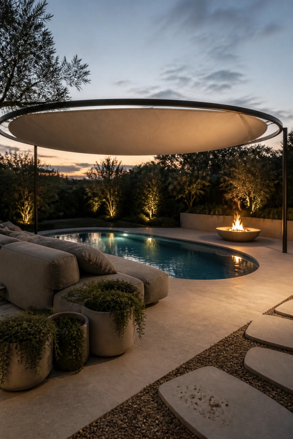 22 Contemporary Pool Shade Ideas in Minimalist Outdoor Settings A minimalist outdoor pool area at dusk with a large circular fabric canopy on metal supports, lounge seating in the foreground, potted plants, and a fire pit beside the water.
