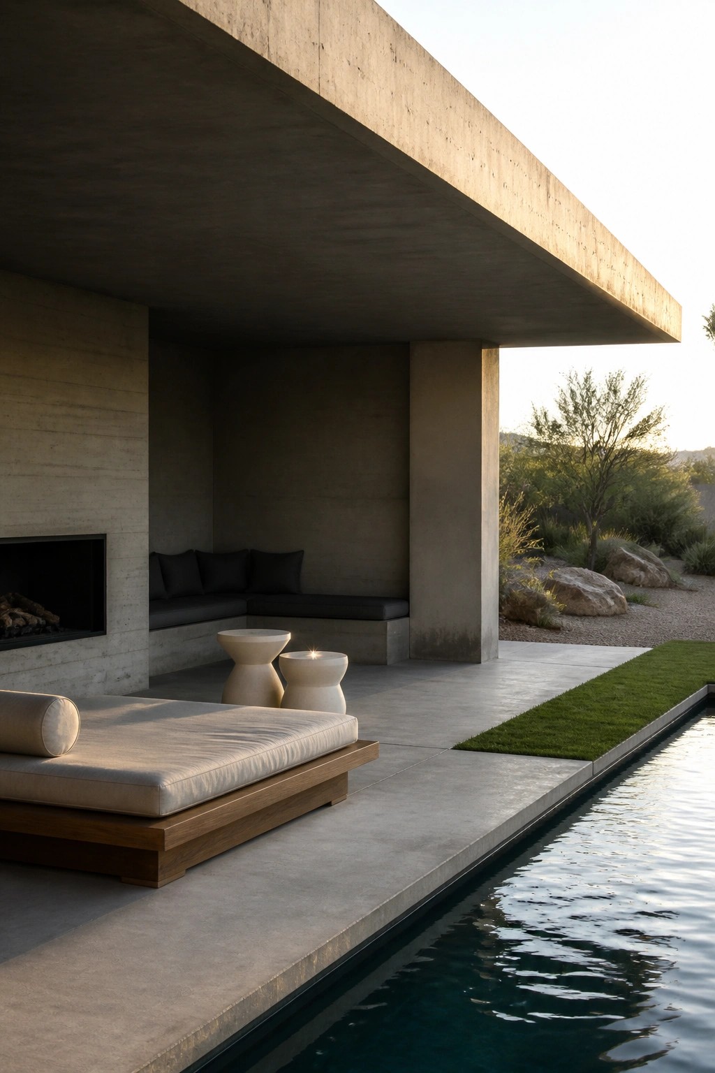 22 Contemporary Pool Shade Ideas in Minimalist Outdoor Settings A minimalist concrete outdoor living space with a large overhang shading a daybed and seating area beside a pool.