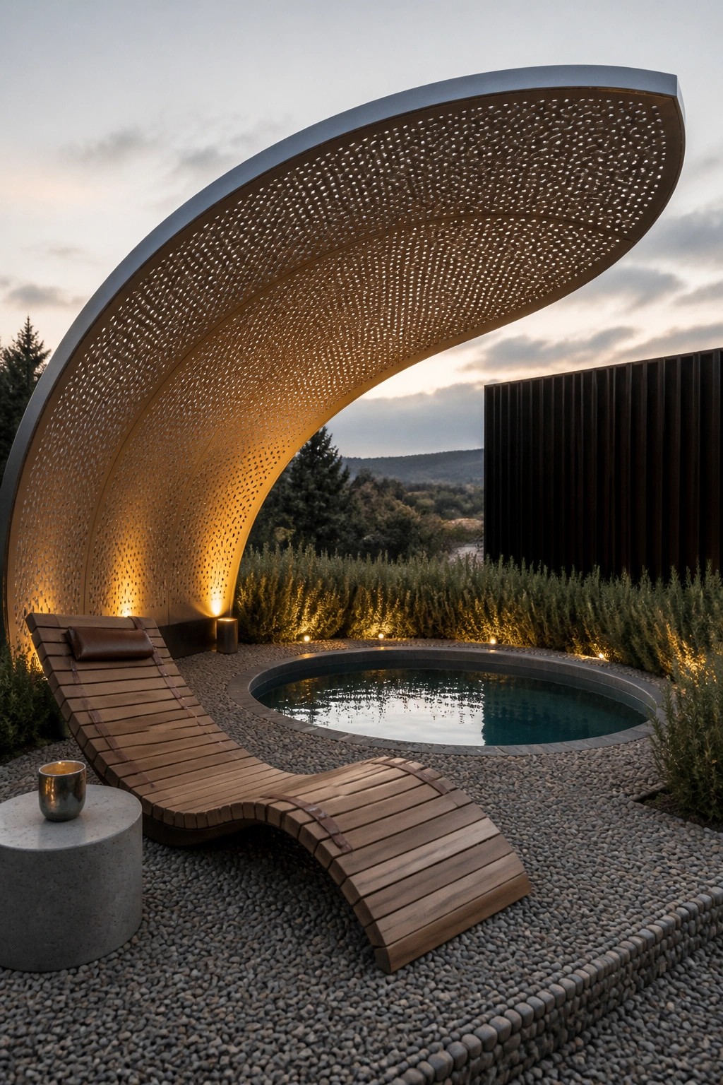 22 Contemporary Pool Shade Ideas in Minimalist Outdoor Settings A large curved perforated metal shade structure arches over a small pool and wooden lounge chair on a gravel surface at dusk.