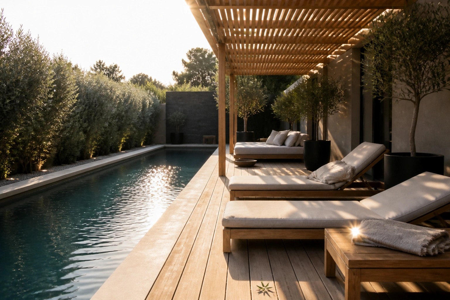22 Contemporary Pool Shade Ideas in Minimalist Outdoor Settings A long swimming pool beside a wooden deck with beige lounge chairs positioned under a slatted wooden pergola and potted trees along the edge.