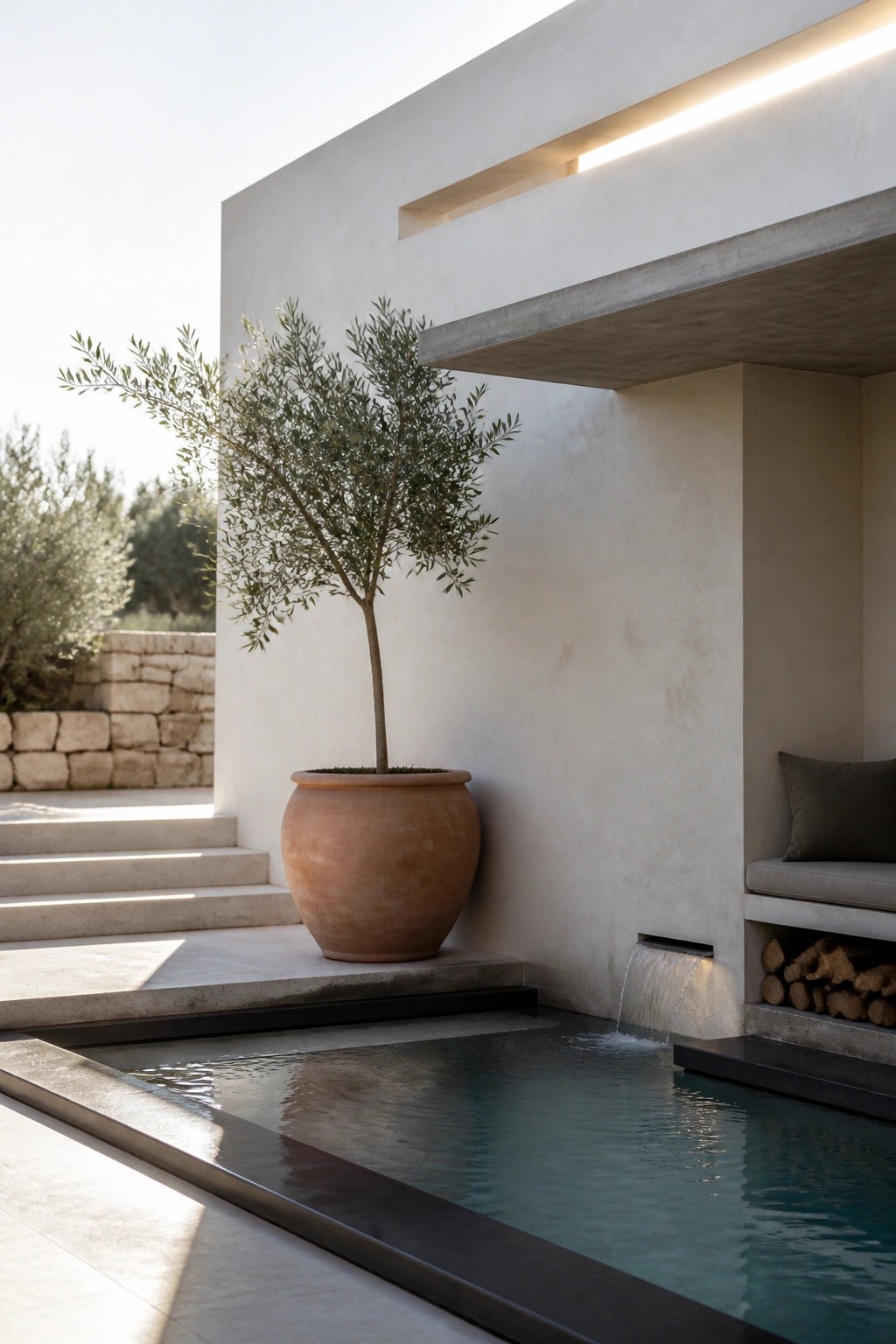 22 Contemporary Pool Shade Ideas in Minimalist Outdoor Settings A large terracotta pot holding an olive tree stands beside a rectangular pool with a small water spout in a minimalist concrete outdoor space.