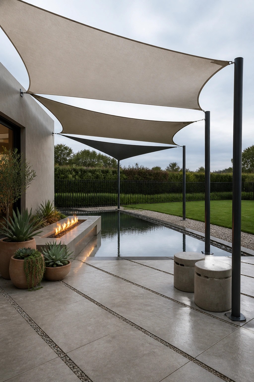 22 Contemporary Pool Shade Ideas in Minimalist Outdoor Settings A modern outdoor pool area with multiple overlapping beige and dark gray shade sails on black poles, a concrete fire feature, potted plants, and large stone pavers.