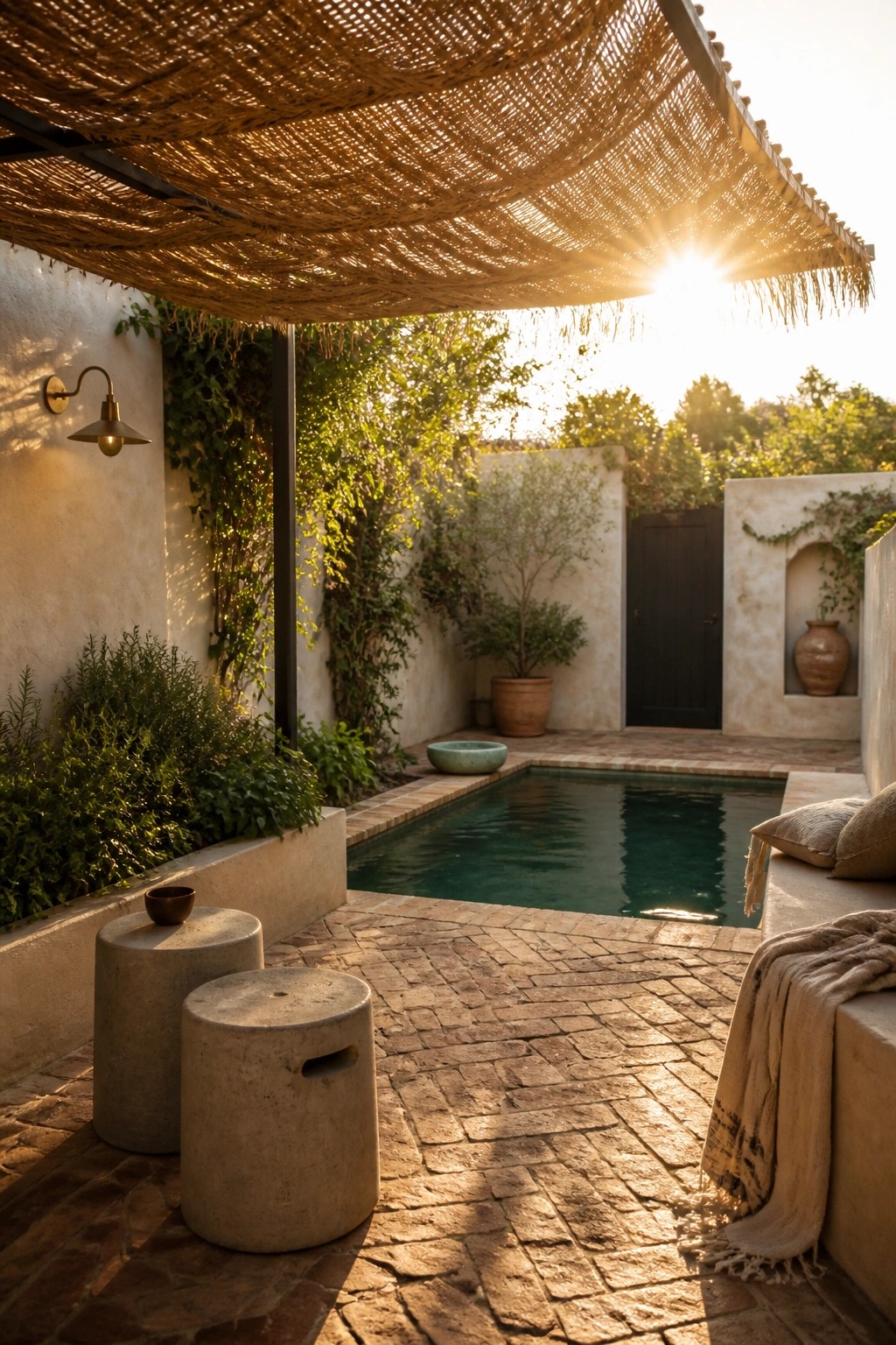 22 Contemporary Pool Shade Ideas in Minimalist Outdoor Settings A small pool in a courtyard covered by a large woven reed shade canopy, with concrete stools and stone paving in the foreground.