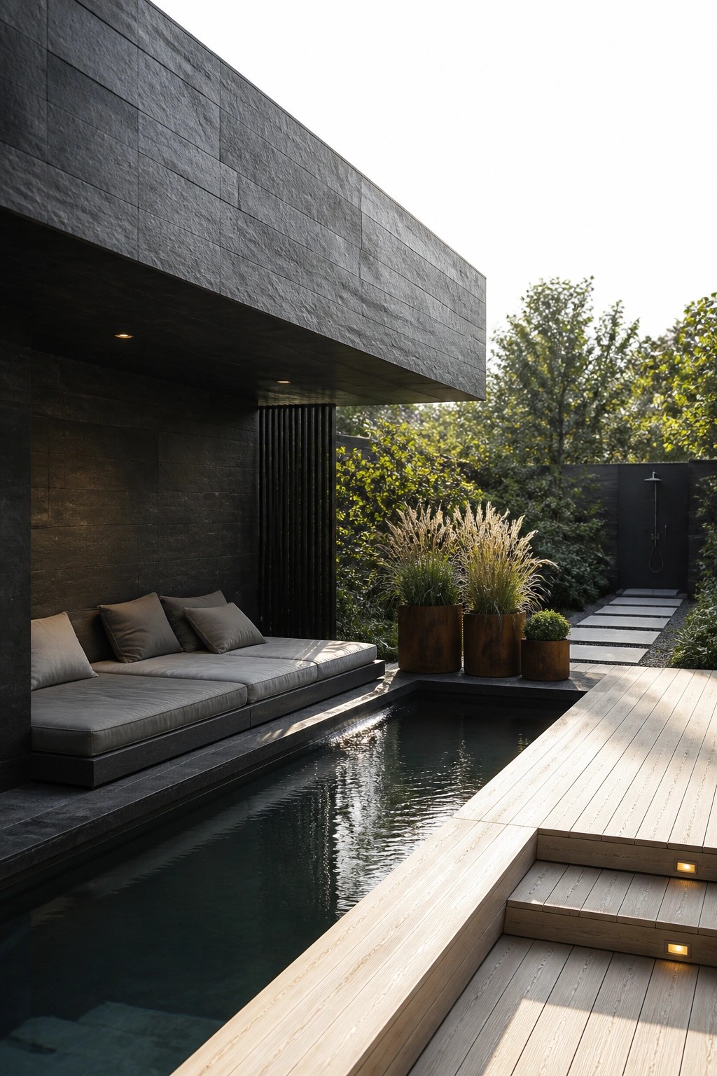22 Contemporary Pool Shade Ideas in Minimalist Outdoor Settings A minimalist outdoor pool area featuring a dark stone overhang shading built-in gray seating beside a narrow pool and light wood decking with steps.