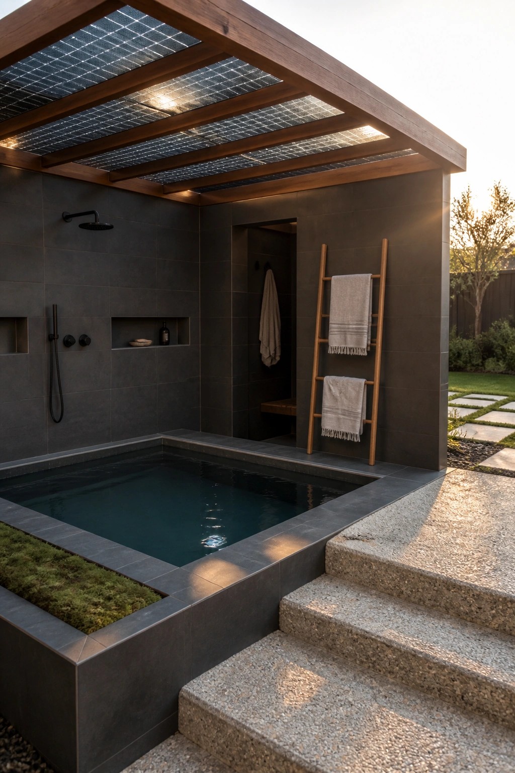 22 Contemporary Pool Shade Ideas in Minimalist Outdoor Settings A minimalist outdoor pool with dark gray tiles, a small rectangular pool, a black wall-mounted shower, and a wooden beam structure with a grid roof overhead.