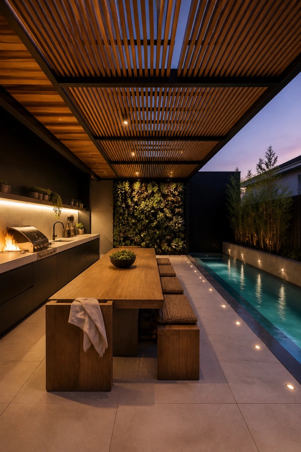 22 Contemporary Pool Shade Ideas in Minimalist Outdoor Settings An outdoor covered patio with a wooden slat ceiling, long wooden dining table with benches, and a rectangular pool next to a living wall.