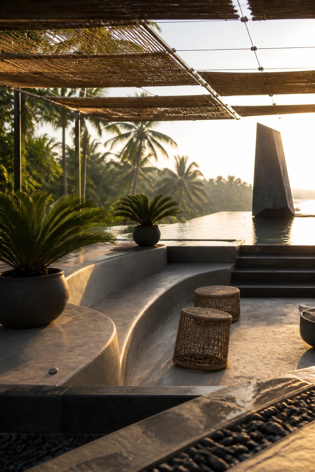 22 Contemporary Pool Shade Ideas in Minimalist Outdoor Settings A minimalist outdoor pool area features layered overhead woven reed shades, curved concrete benches, woven stools, potted plants, and a dark sculpture partially in the water.